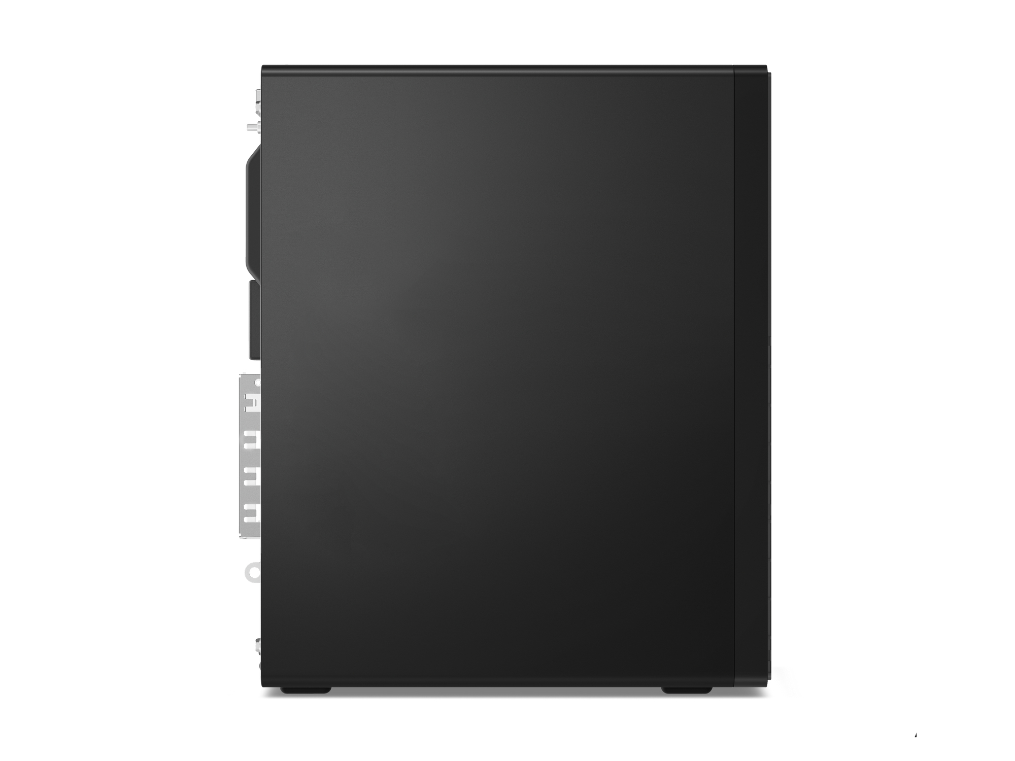 Czarna obudowa komputera, widok z boku, na białym tle.