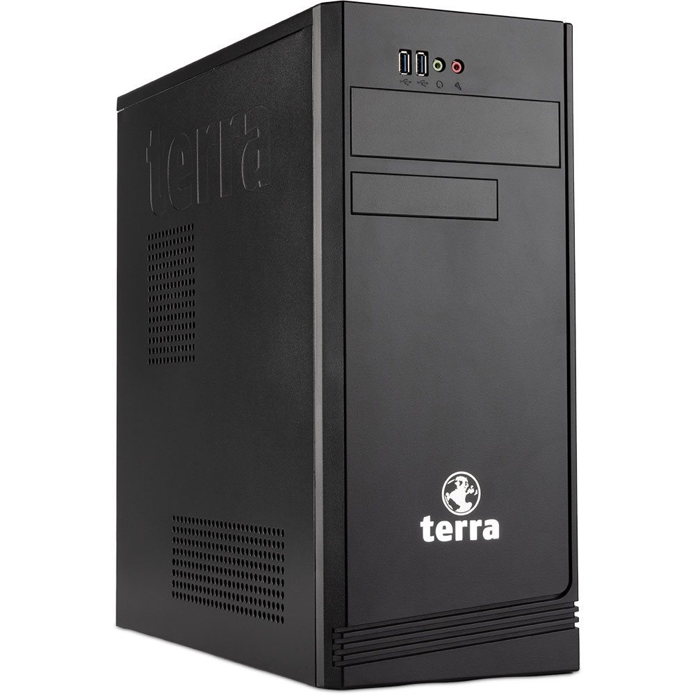 Un case nero per computer. È un design a torre standard con il marchio 'terra'.
