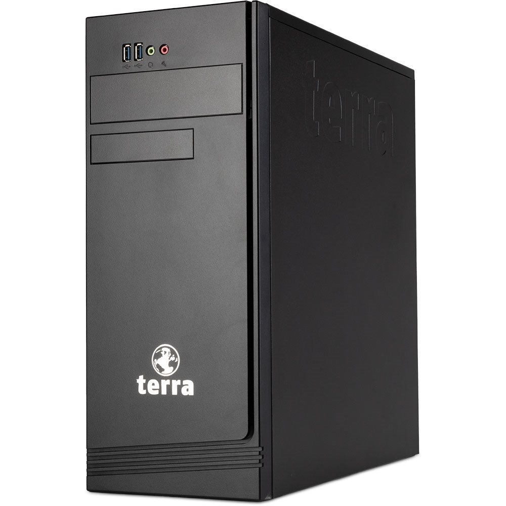 Case per computer nero con porte, pulsanti e il logo 'terra'.