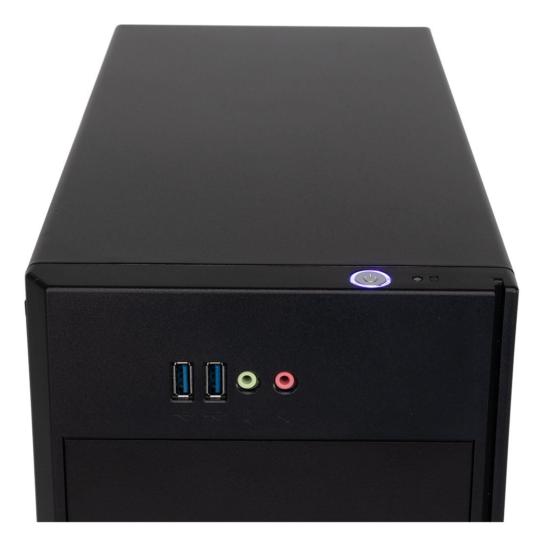Case nero per computer con porte USB e jack audio anteriori. Pulsante di accensione illuminato.