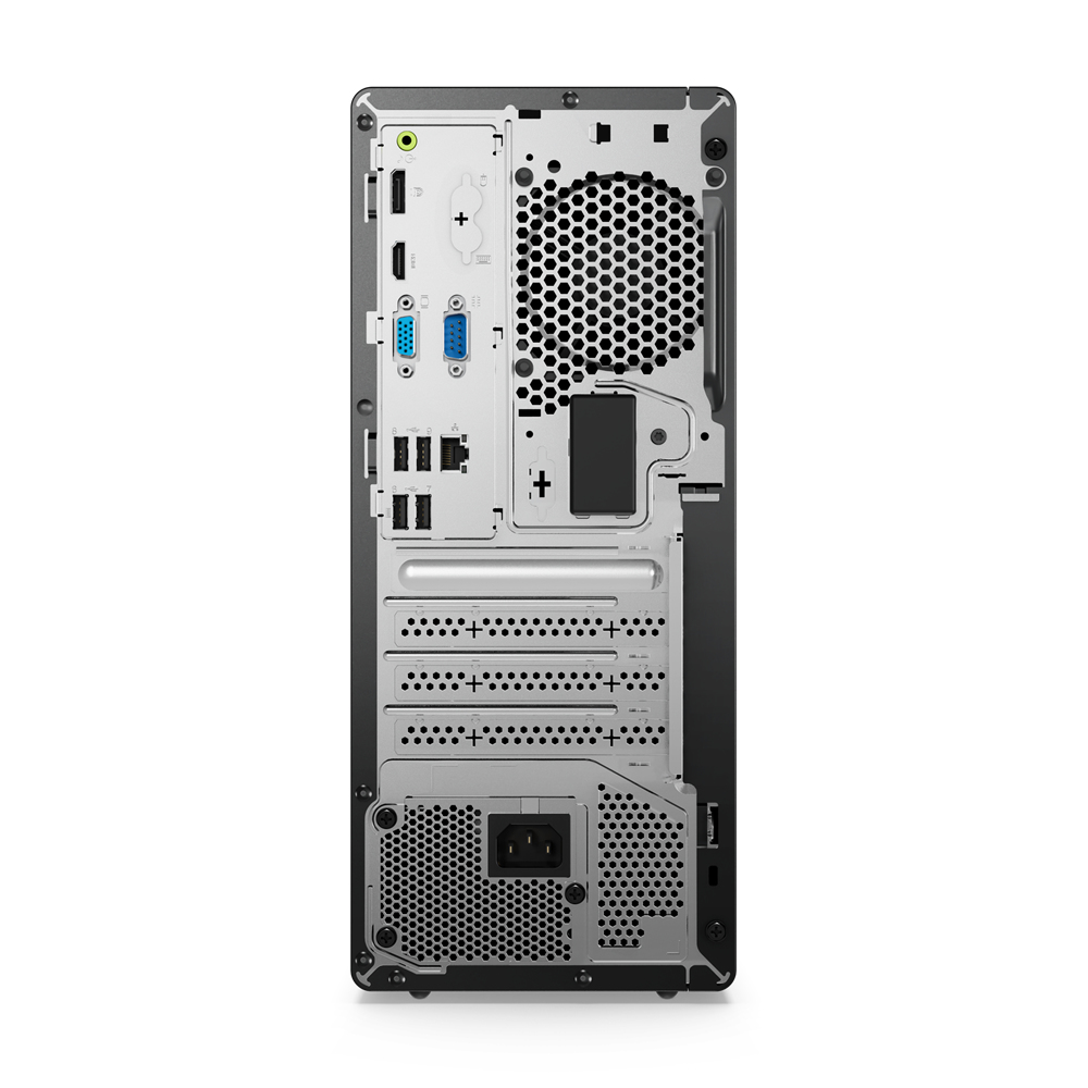 Vista posteriore di un PC Lenovo ThinkCentre neo5 nero. Porte, fori di ventilazione, ingresso di alimentazione e altro.