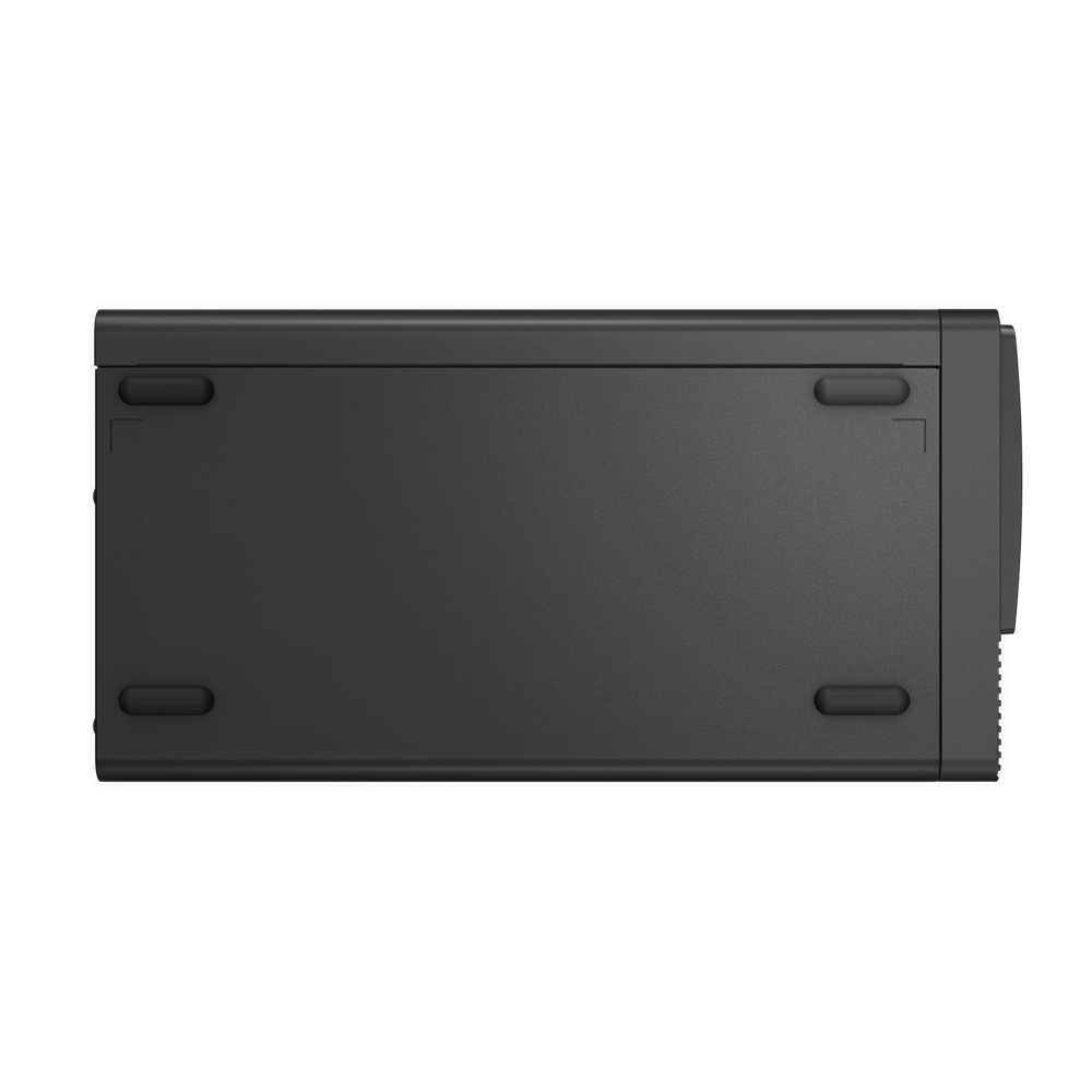 Vista inferiore di un computer Lenovo ThinkCentre neo 5 nero, che mostra i piedini.