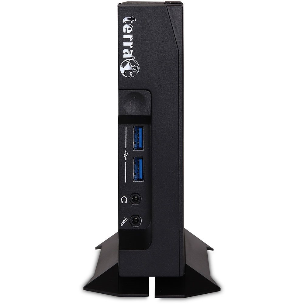 Czarna wieża PC Terra stojąca na stojaku.