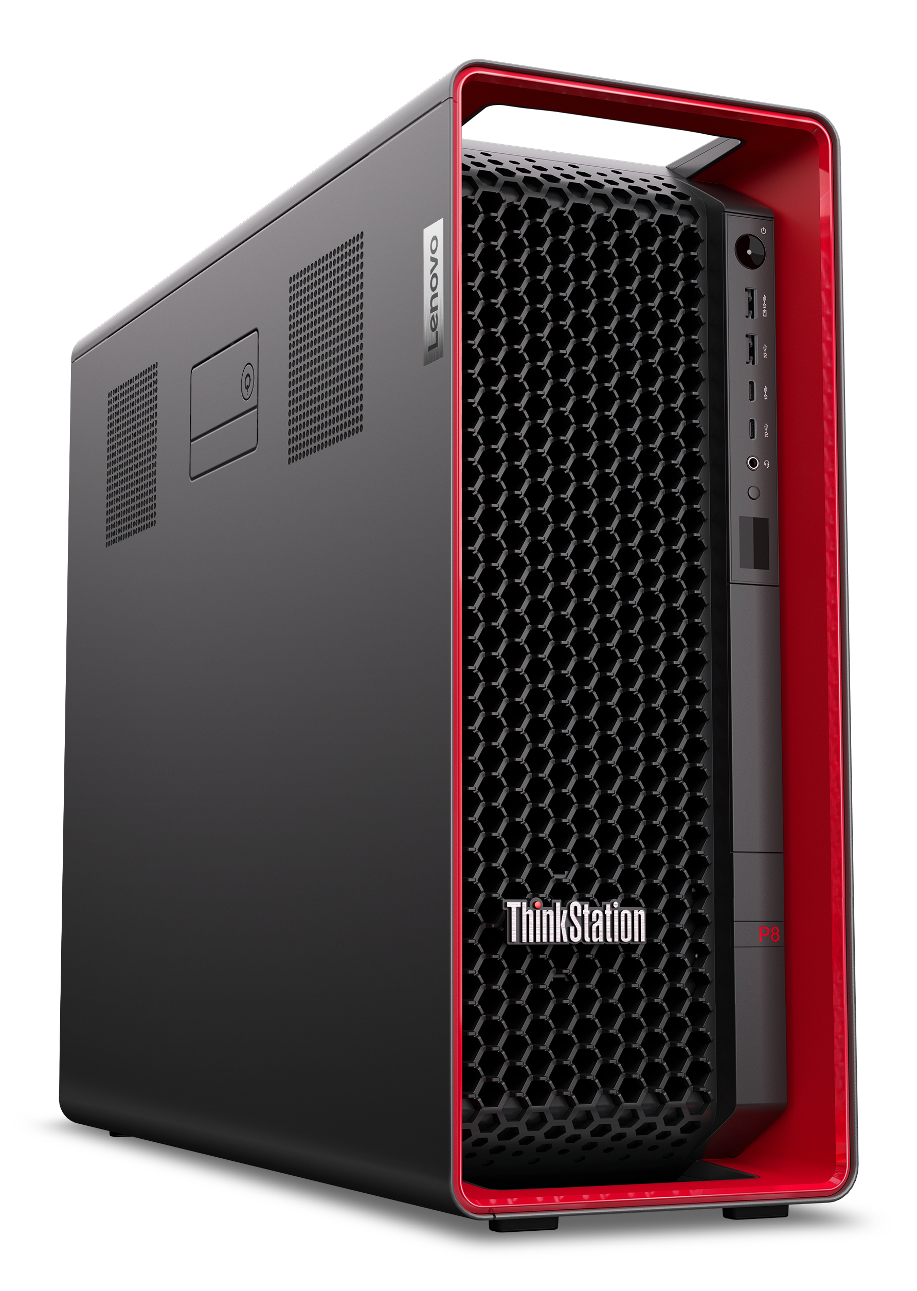 Eine schwarz-rote Lenovo ThinkStation P6 Workstation, aus niedrigem Winkel betrachtet.