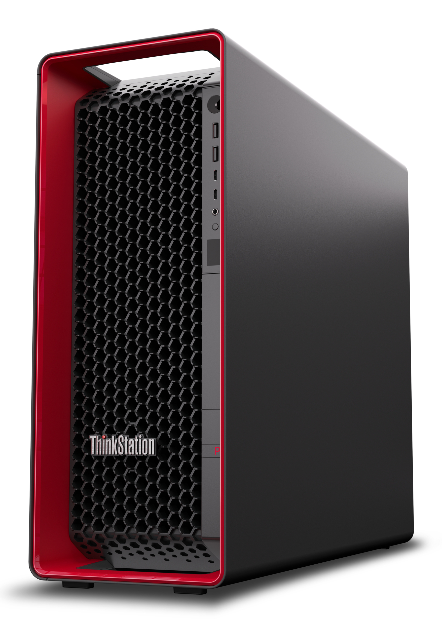 Schwarzer und roter Computerturm. Mit Gitterfront, roten Akzenten und ThinkStation-Logo.
