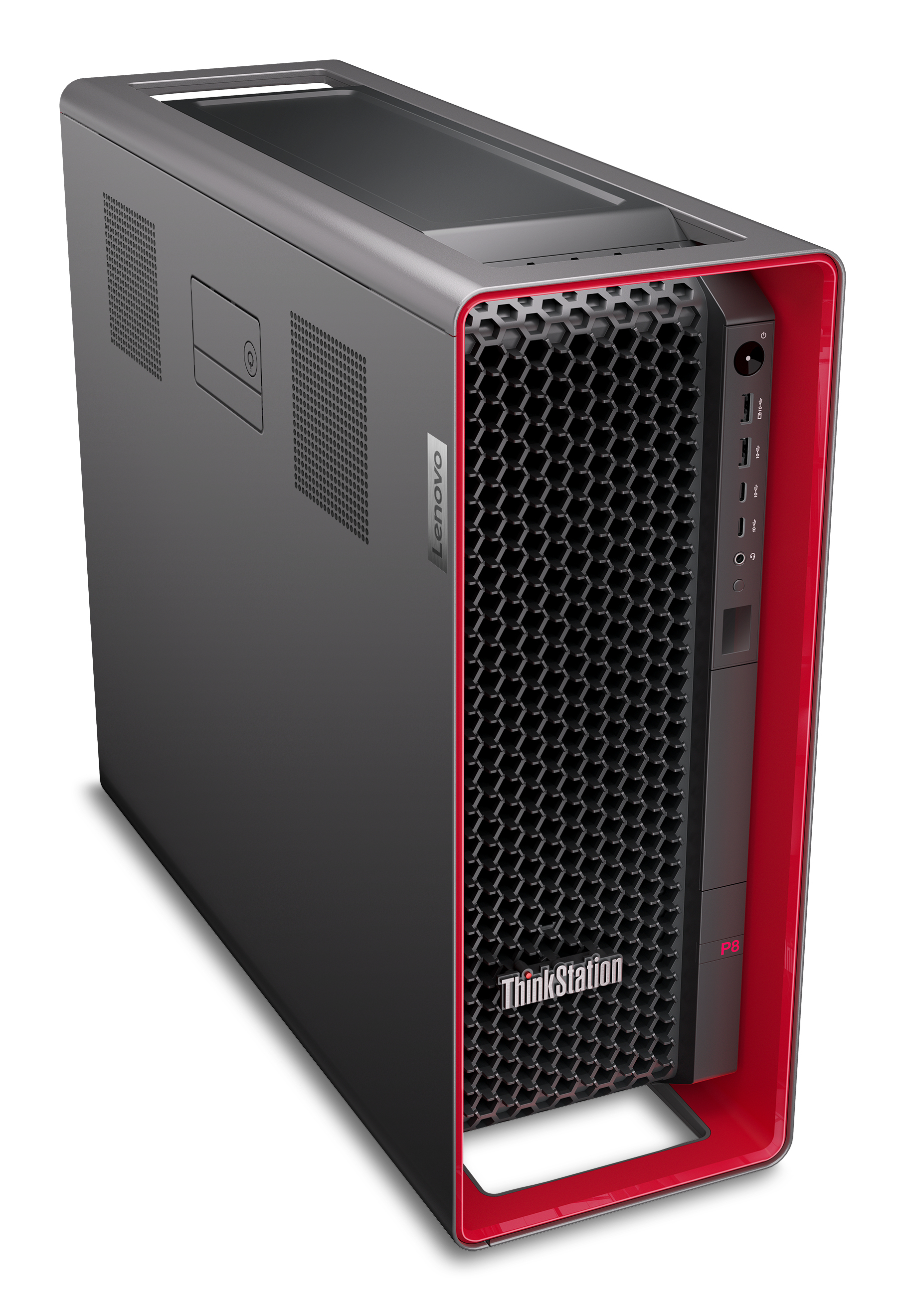 Ein schwarzer und roter Lenovo ThinkStation P6 Workstation-Computer. Winkelansicht, Studioaufnahme.