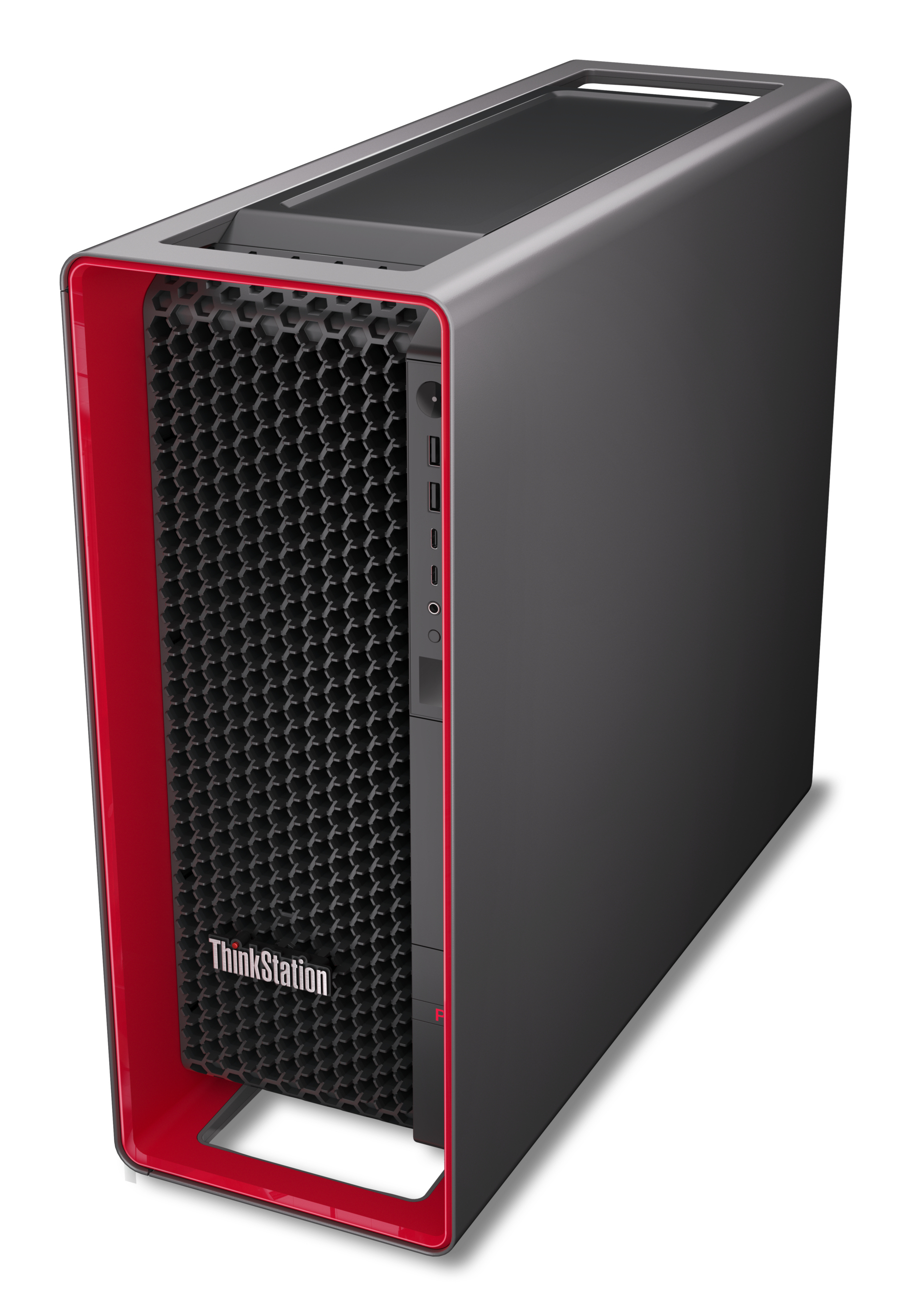 Schwarzer und roter Desktop-Computer mit ThinkStation-Logo.