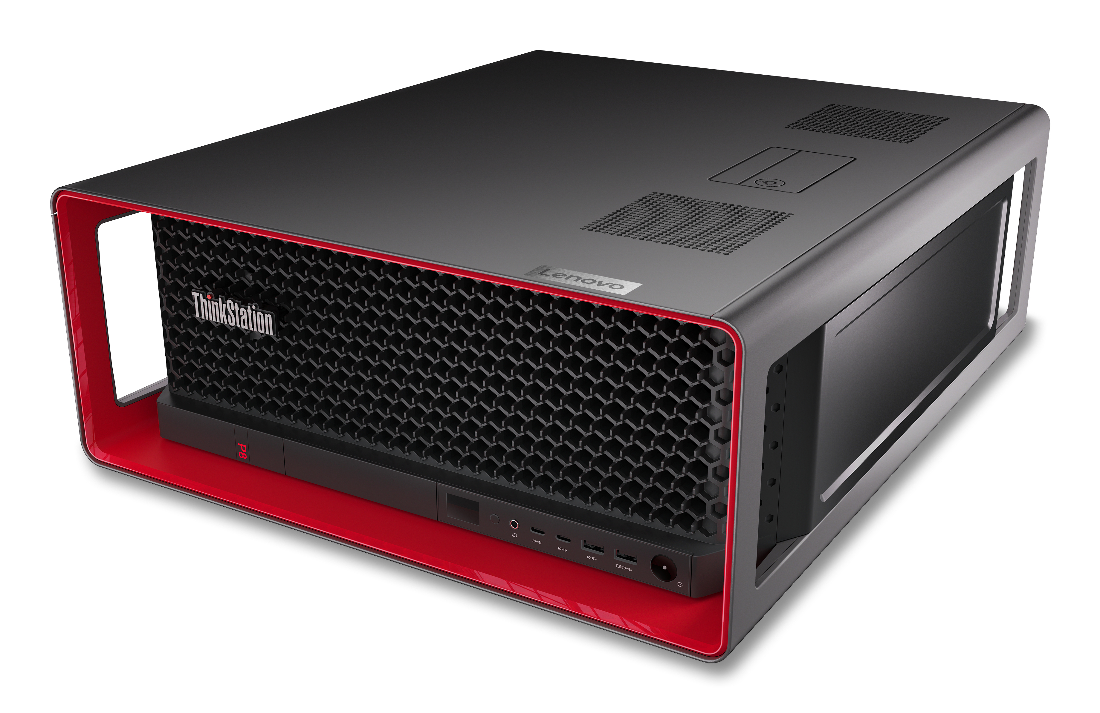 Schwarzer und roter Lenovo ThinkStation-Computer. Es hat eine Wabengitter-Front.
