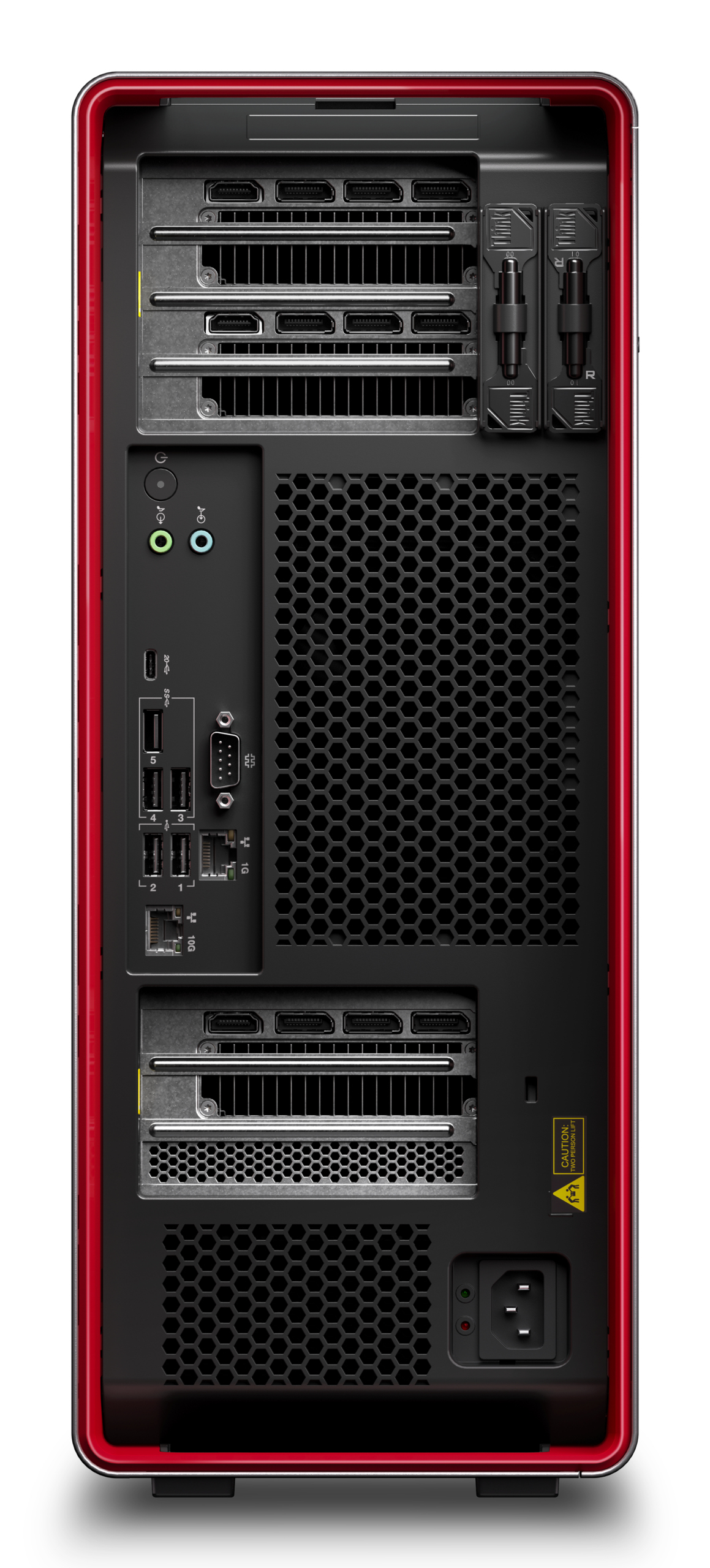 Un case per computer nero e rosso con varie porte, ventilazione e un alimentatore.