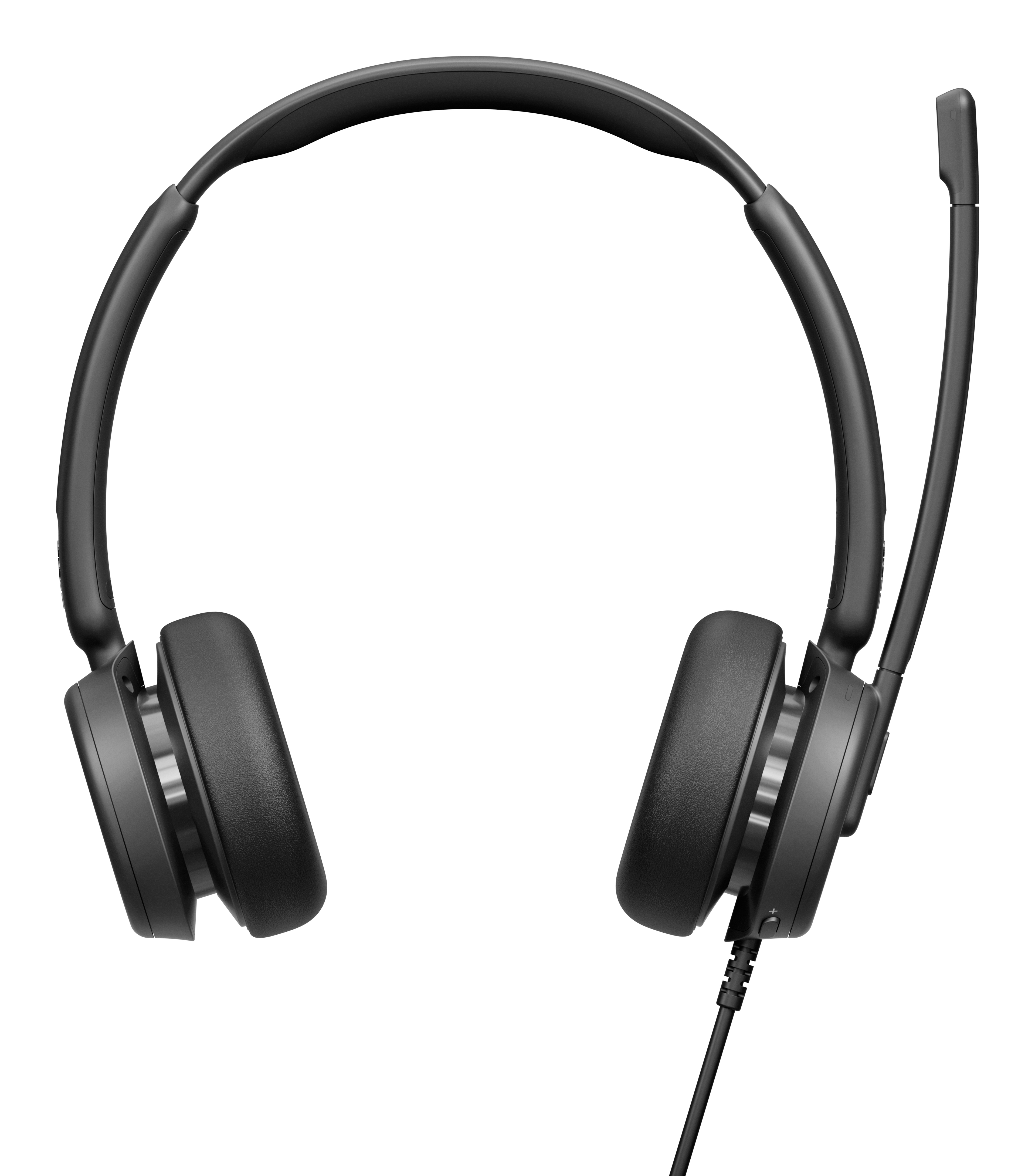Cuffie nere con microfono. I padiglioni sono over-ear e il microfono è su un braccio flessibile.