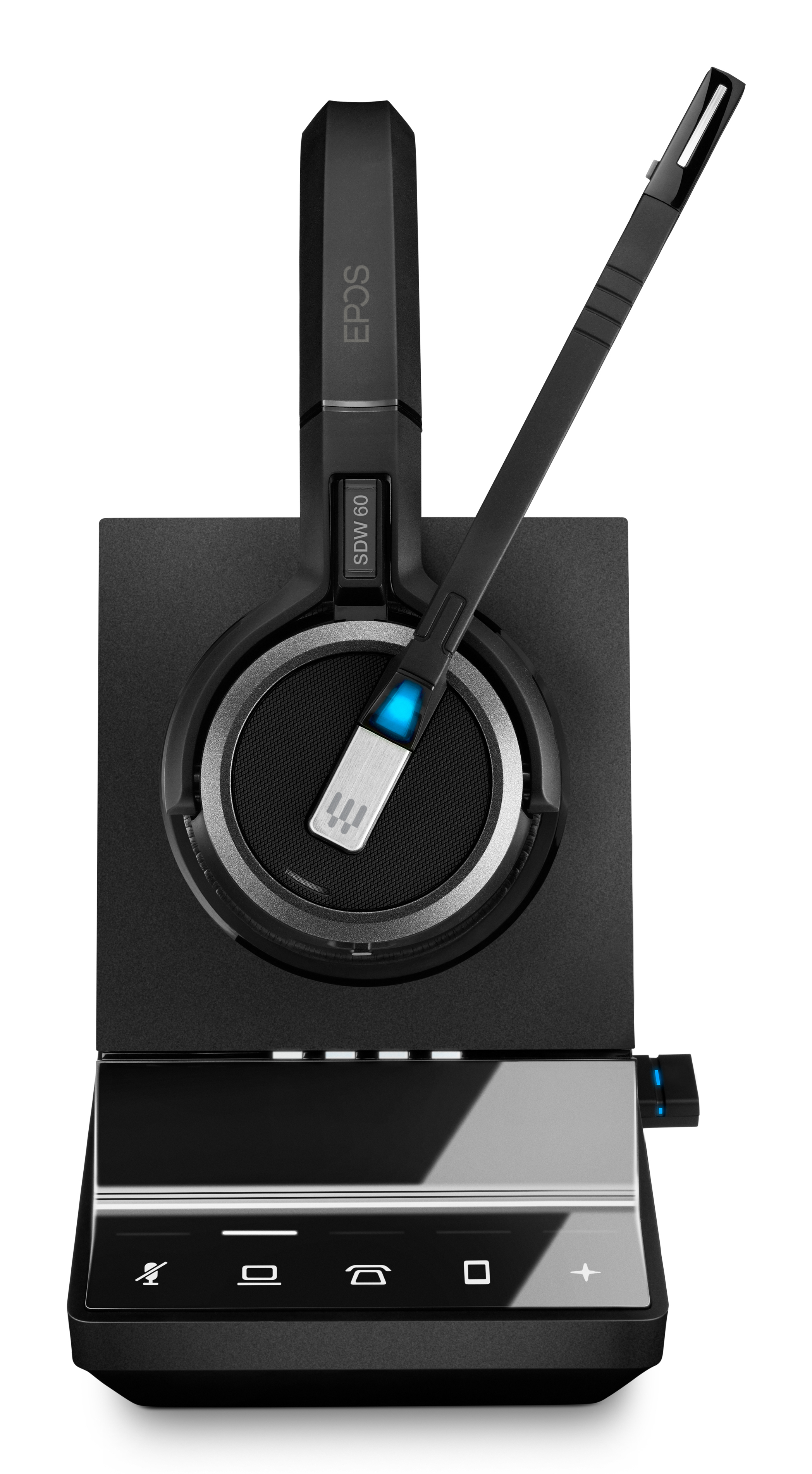 Schwarzes EPOS SDW 60 Headset und Basisstation. Das Headset hat einen Mikrofonarm.