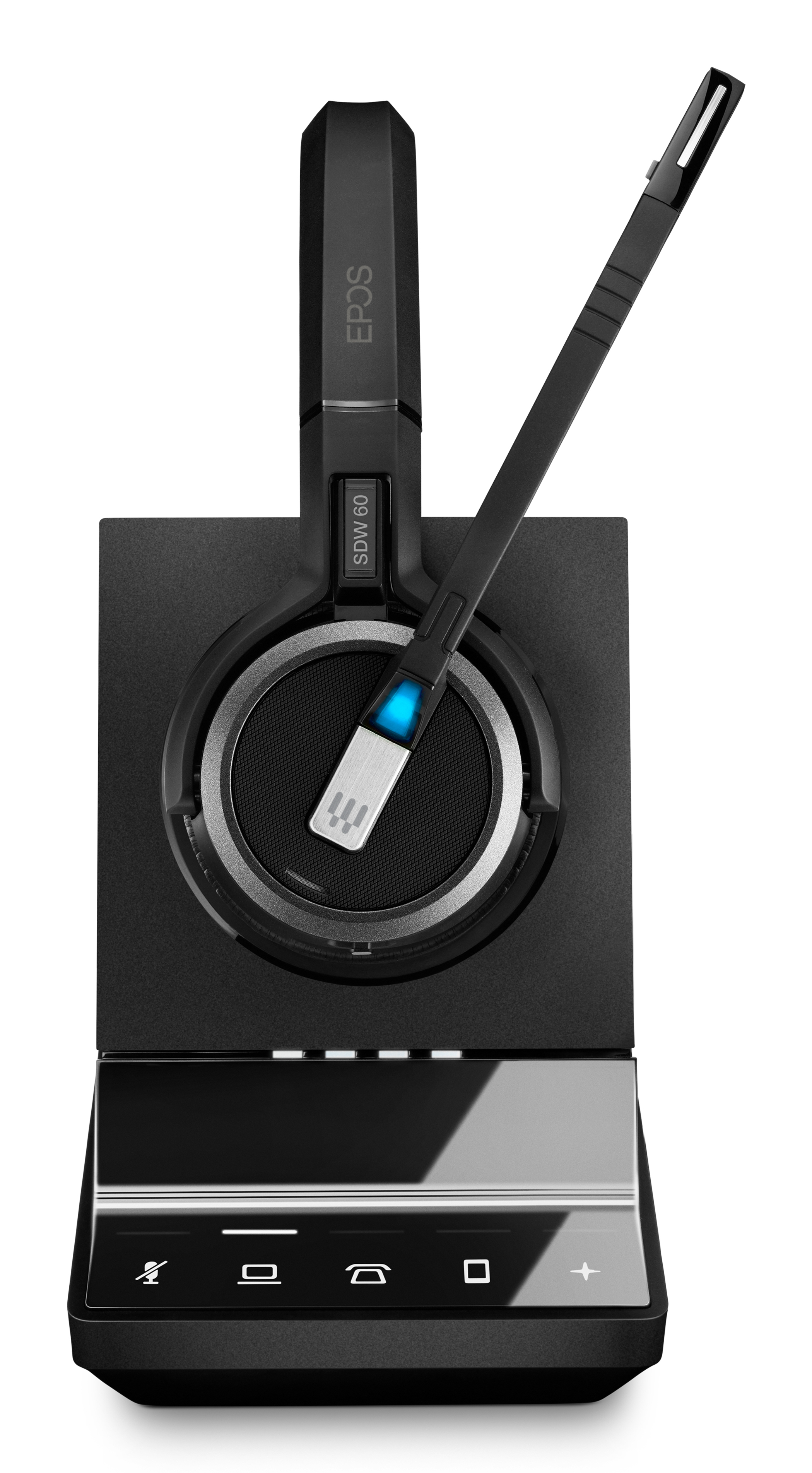 Schwarzes Headset auf schwarzer Basis, mit Mikrofonarm. Die Marke ist EPOS.