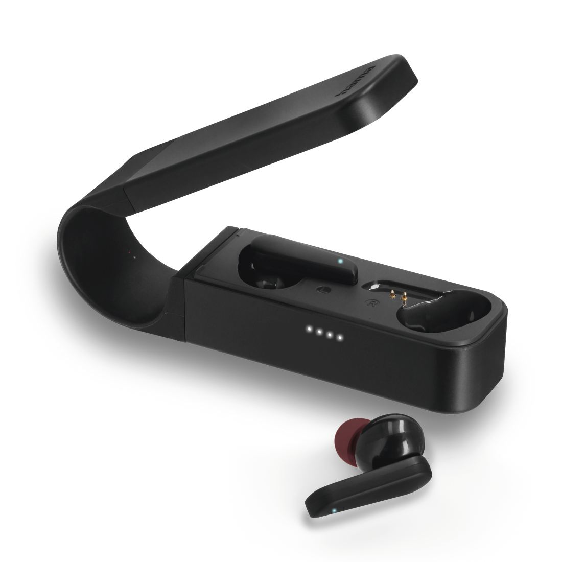 Auricolari wireless neri con custodia di ricarica e un auricolare rosso su uno.