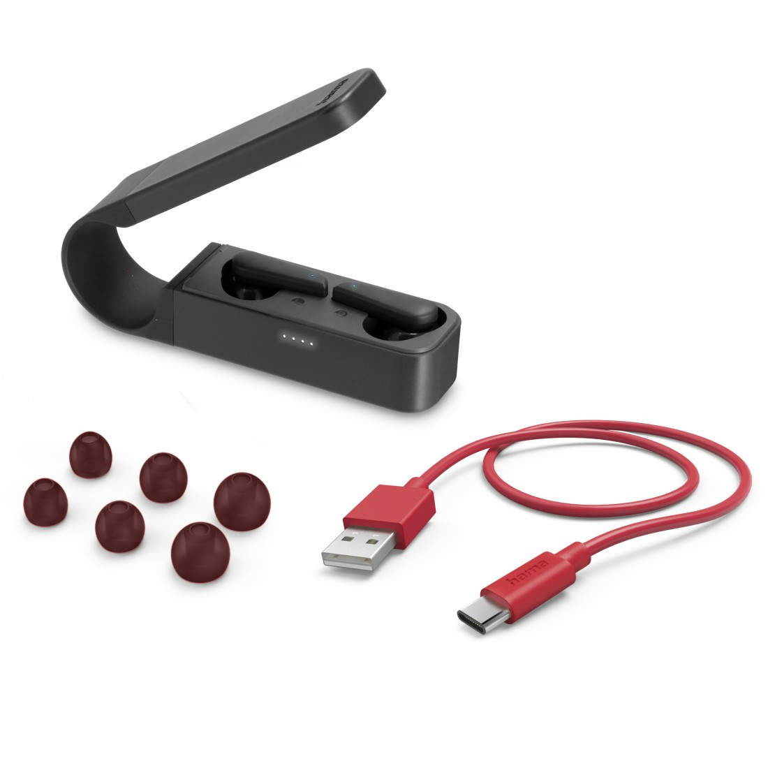 Auricolari wireless, custodia di ricarica, auricolari extra e un cavo di ricarica USB-C rosso.