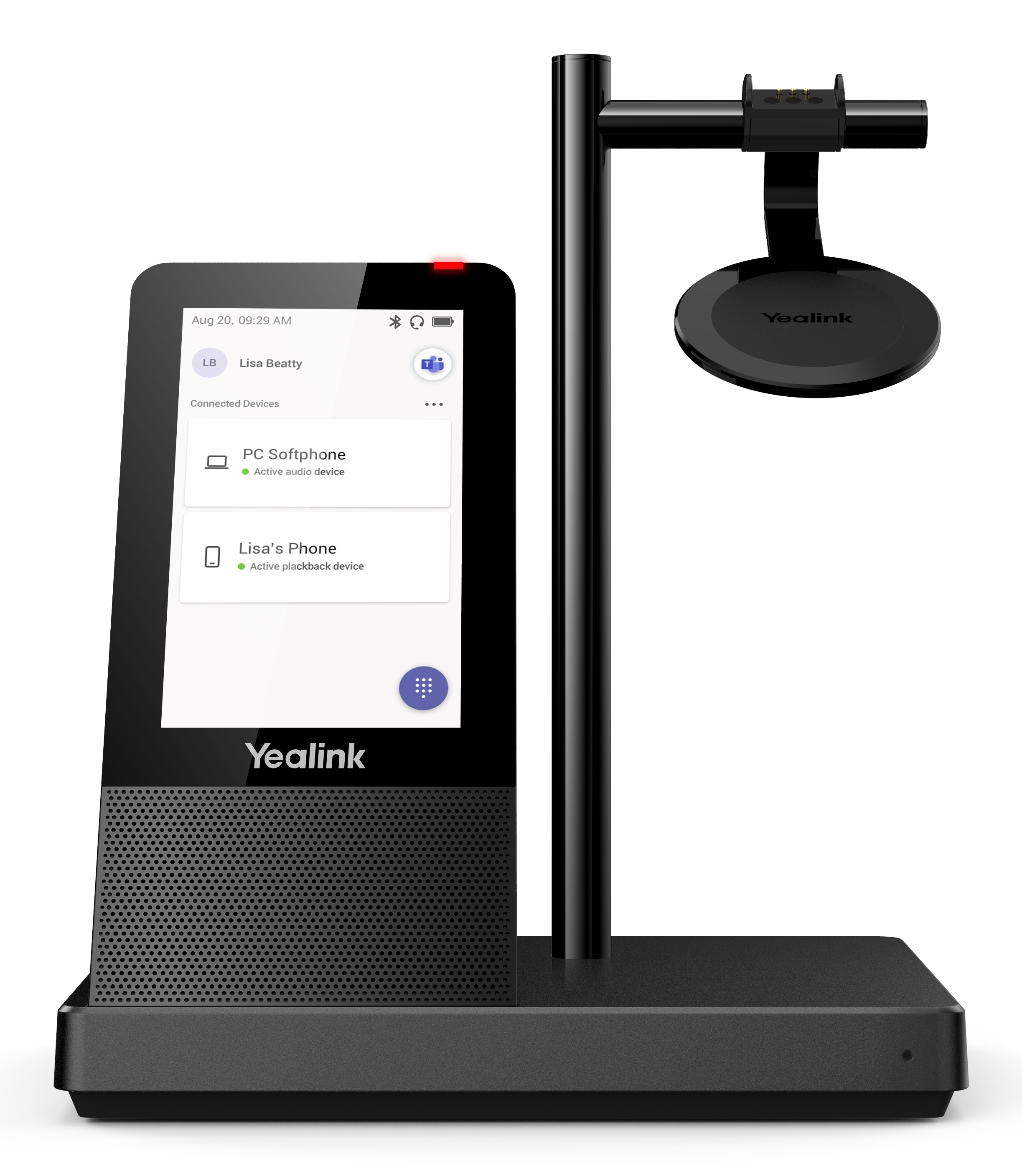 Black Yealink video phone on a stand with a camera and speaker, against a white background.