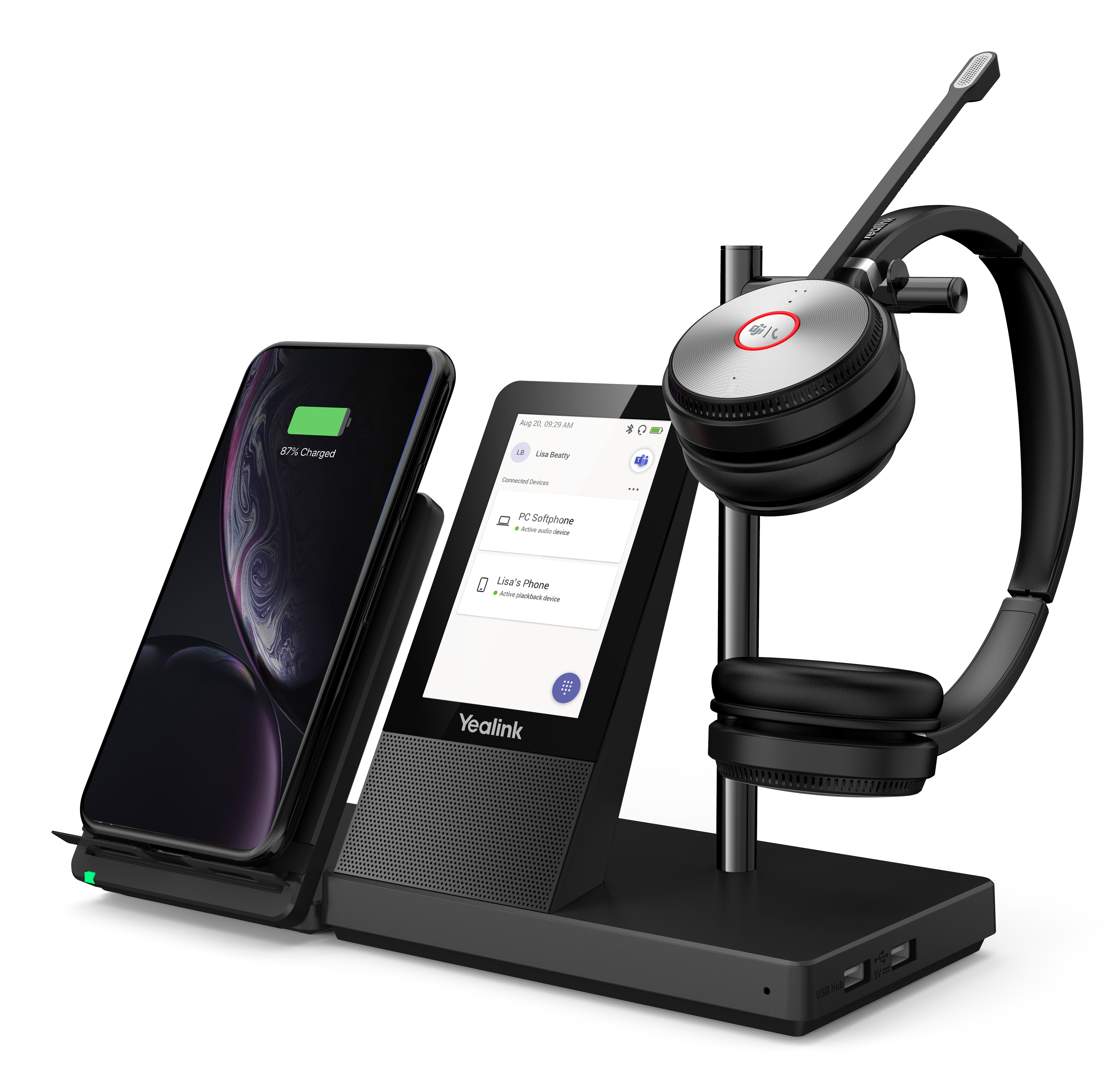 A phone, charging pad, and headset on a black stand. The headset is silver and black.
