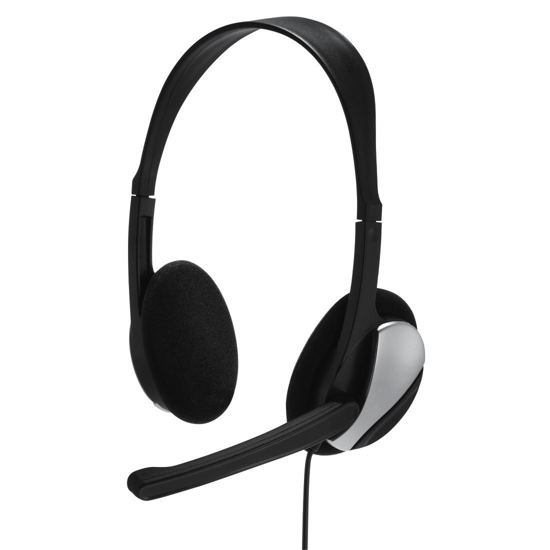 Ein schwarzes Headset mit Mikrofon und silbernen Akzenten auf den Ohrmuscheln.