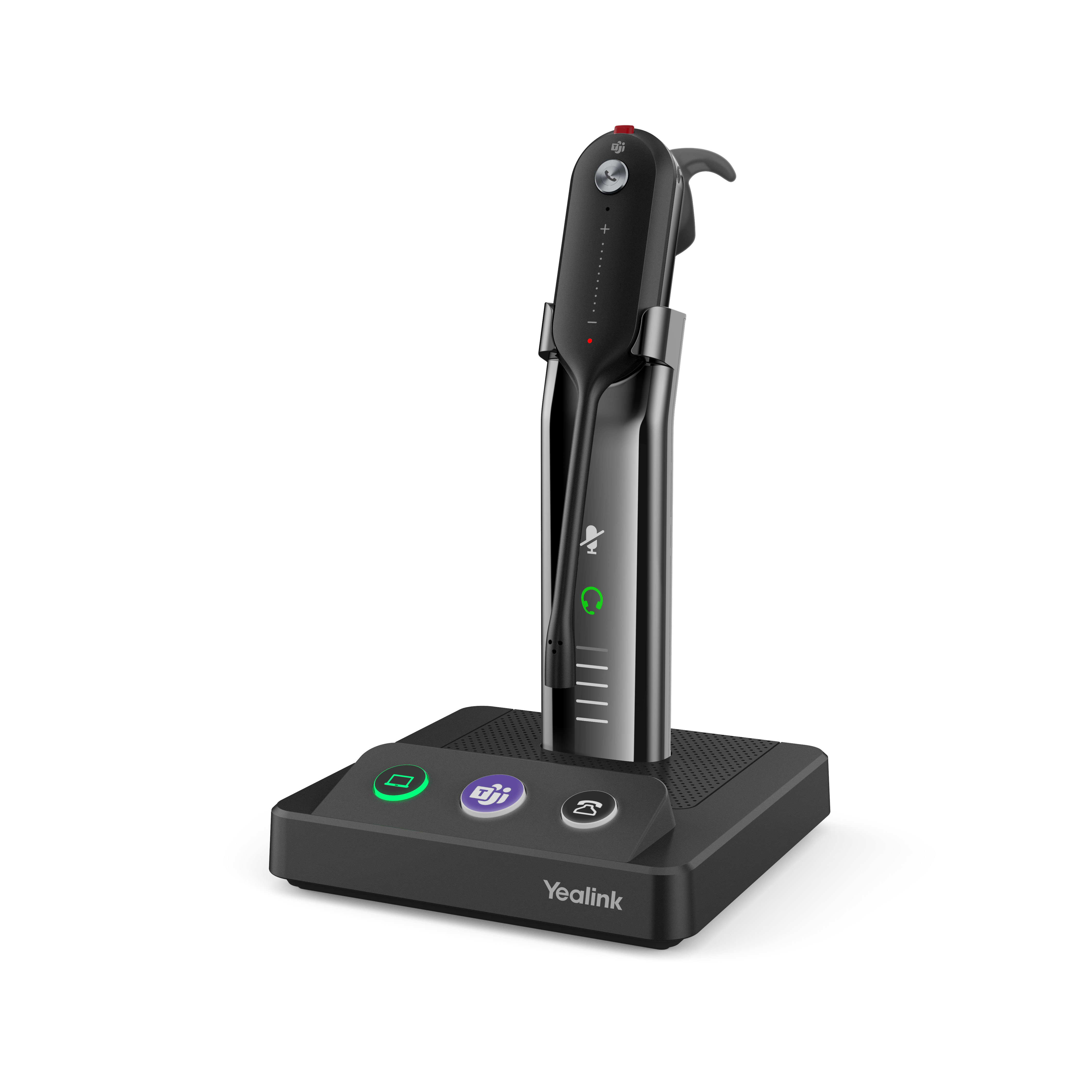 Un teléfono Yealink negro con una base. Tiene botones y una conexión para auriculares.