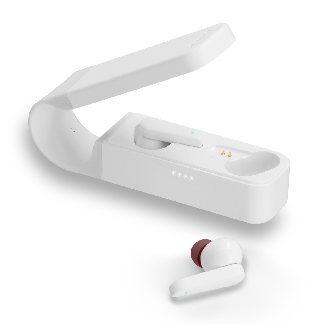 Auricolari bianchi, custodia di ricarica aperta, un auricolare fuori. Sfondo bianco, design pulito e moderno.