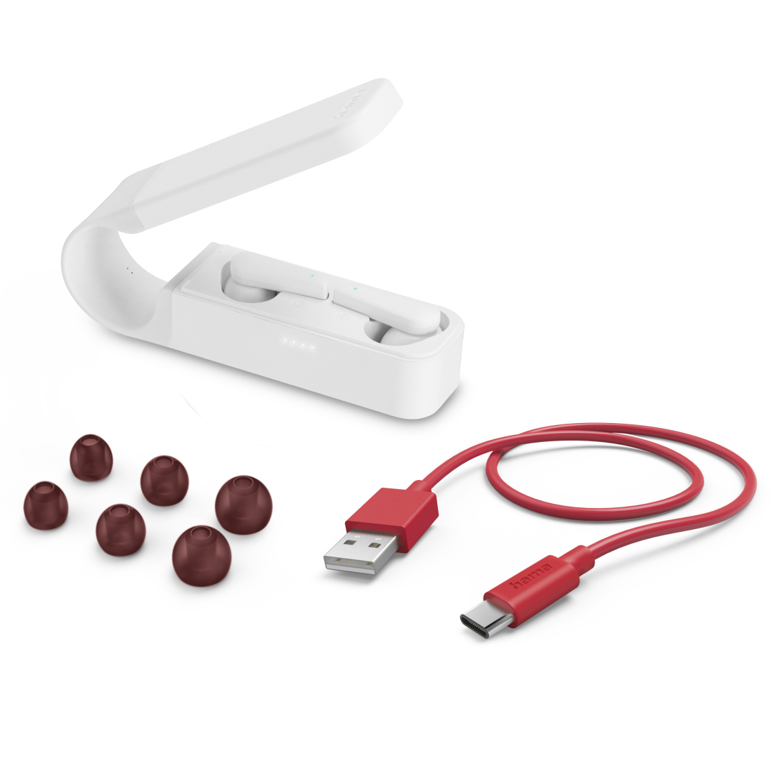 Auricolari e una custodia di ricarica, insieme a gommini extra e un cavo USB rosso. Tutto su una superficie bianca.