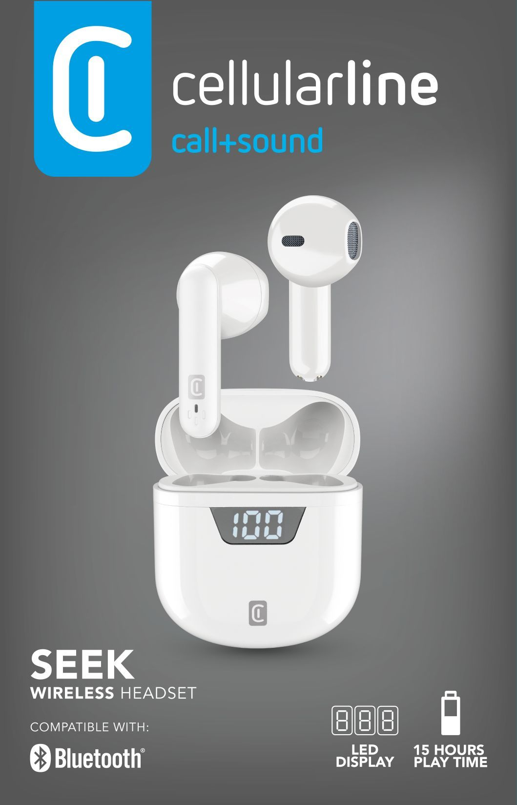 Auriculares blancos con estuche de carga. El estuche muestra una pantalla digital. La marca es Cellularline.