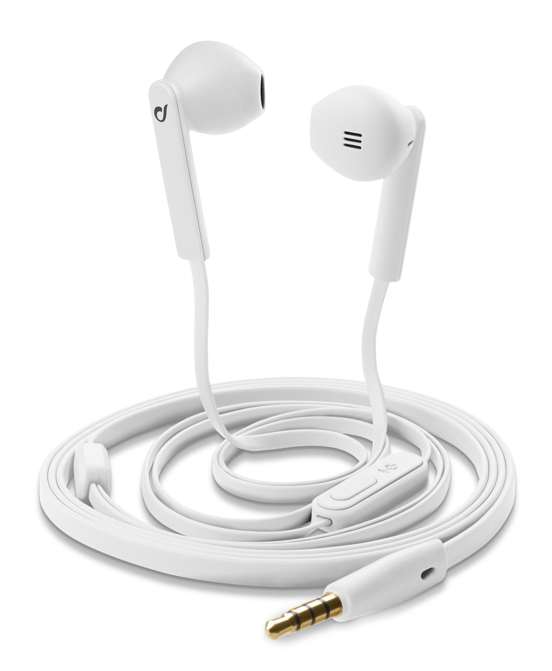 White earphones with a cable and a gold-colored connector.