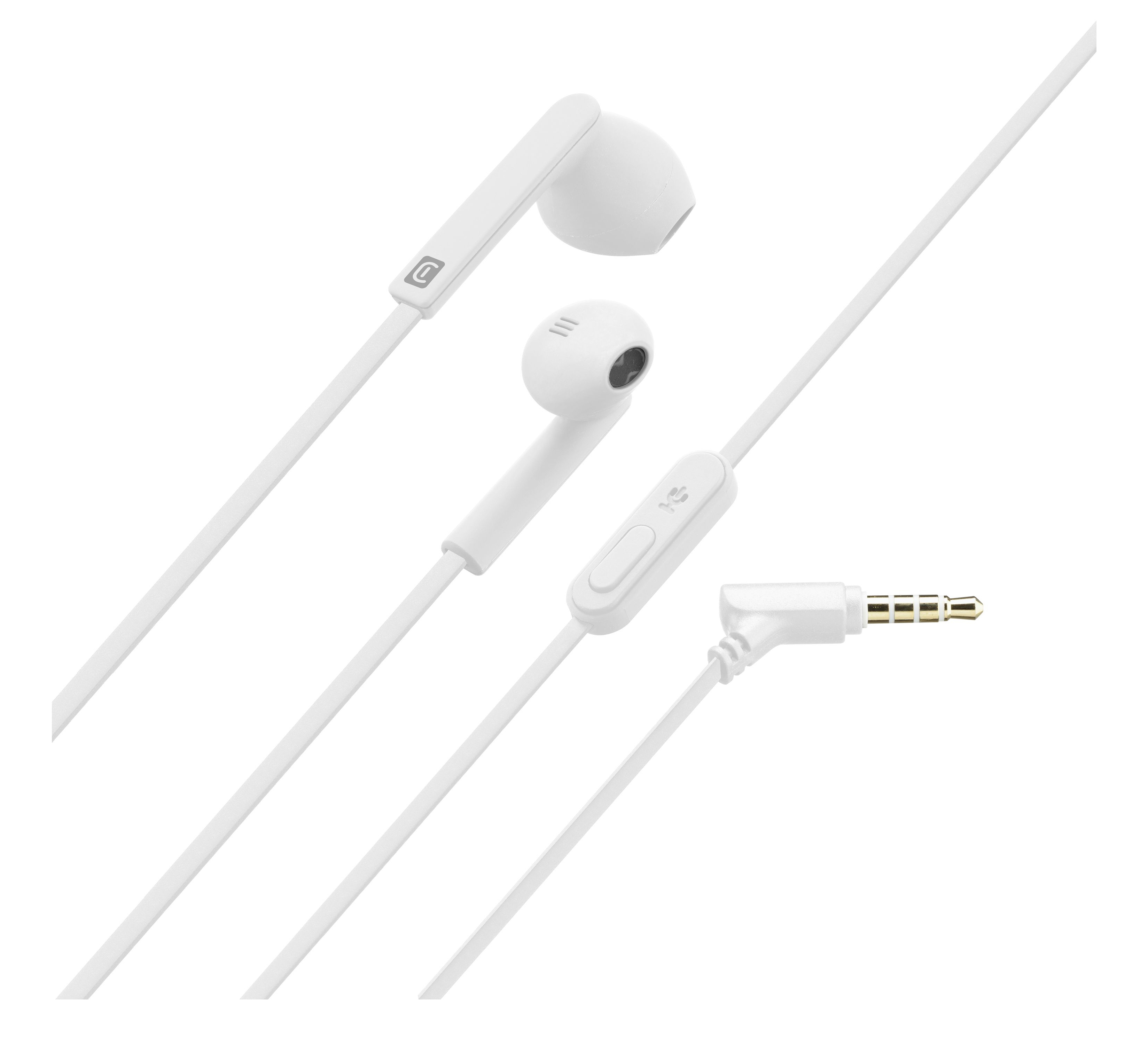 White earphones with a microphone and a 3.5mm jack. They are on a white surface.