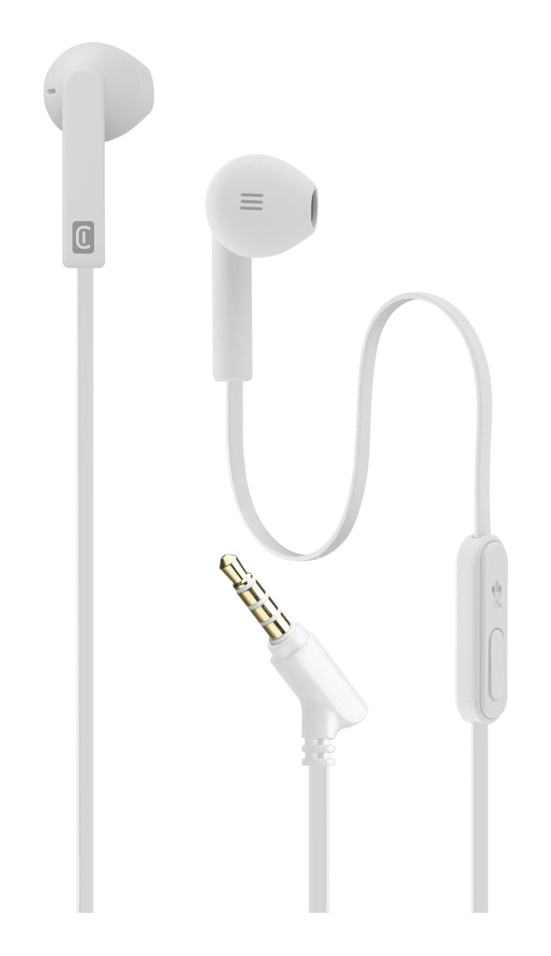 White wired earbuds with a microphone and control button, and a gold-tipped jack.