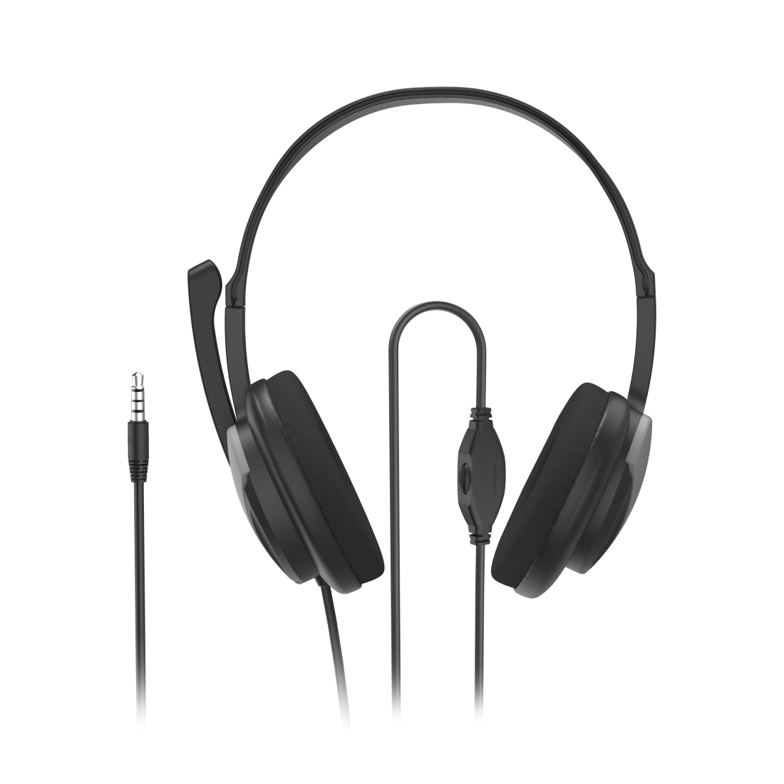 Cuffie nere con microfono e controllo del volume, collegate a un jack audio da 3,5 mm.