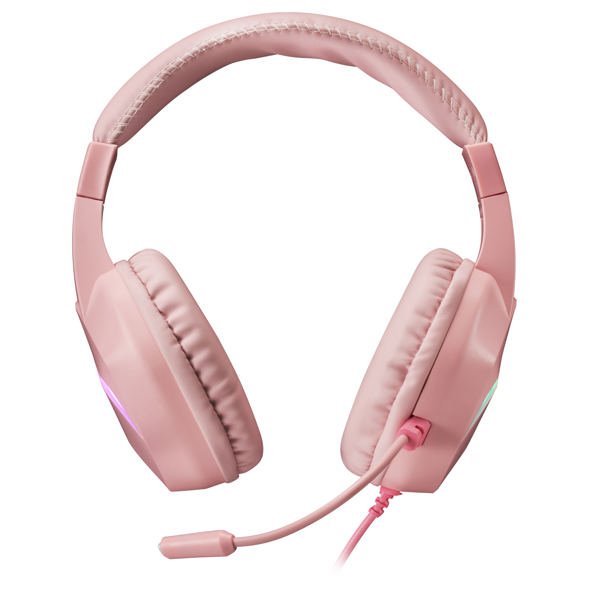 Cuffie da gioco rosa con padiglioni e microfono. Ha dettagli rosa e un cavo rosa.