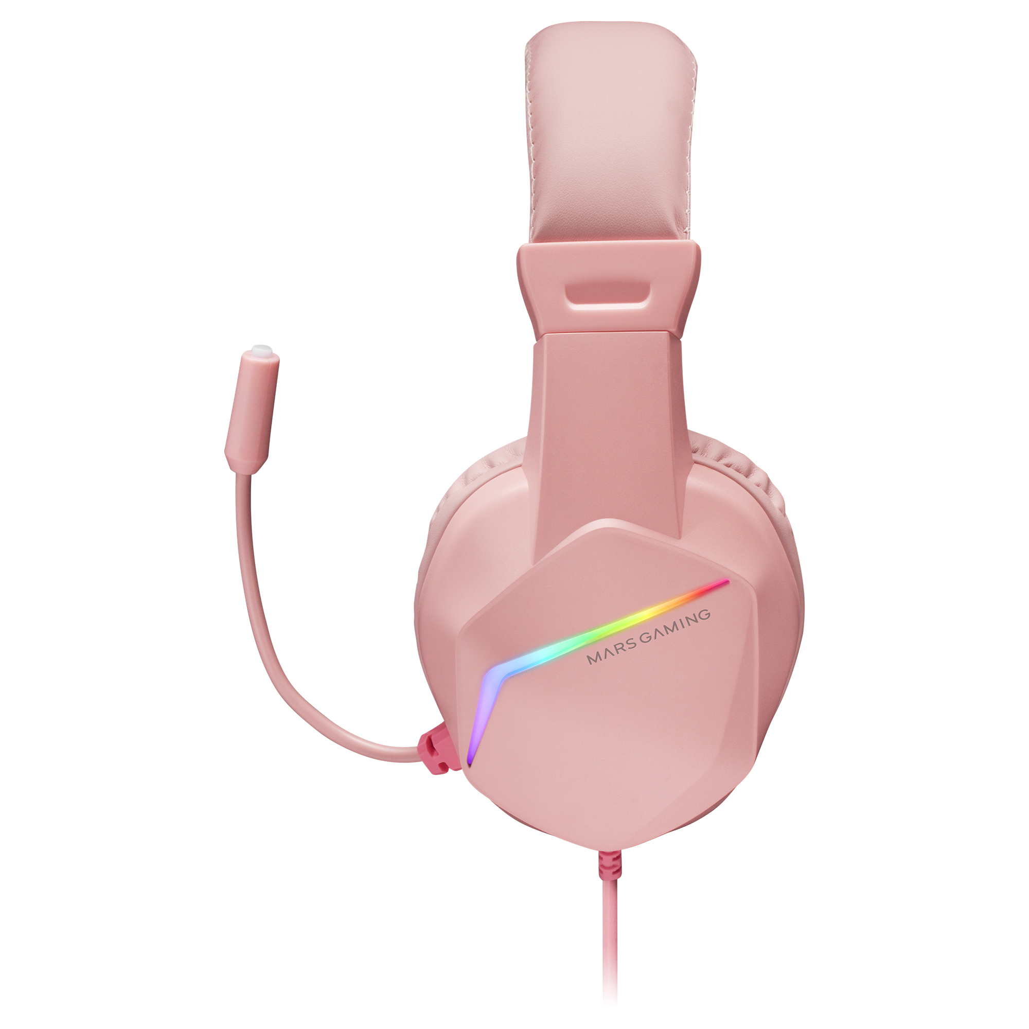 Cuffie da gioco rosa con microfono. Le cuffie hanno una luce color arcobaleno sul lato.