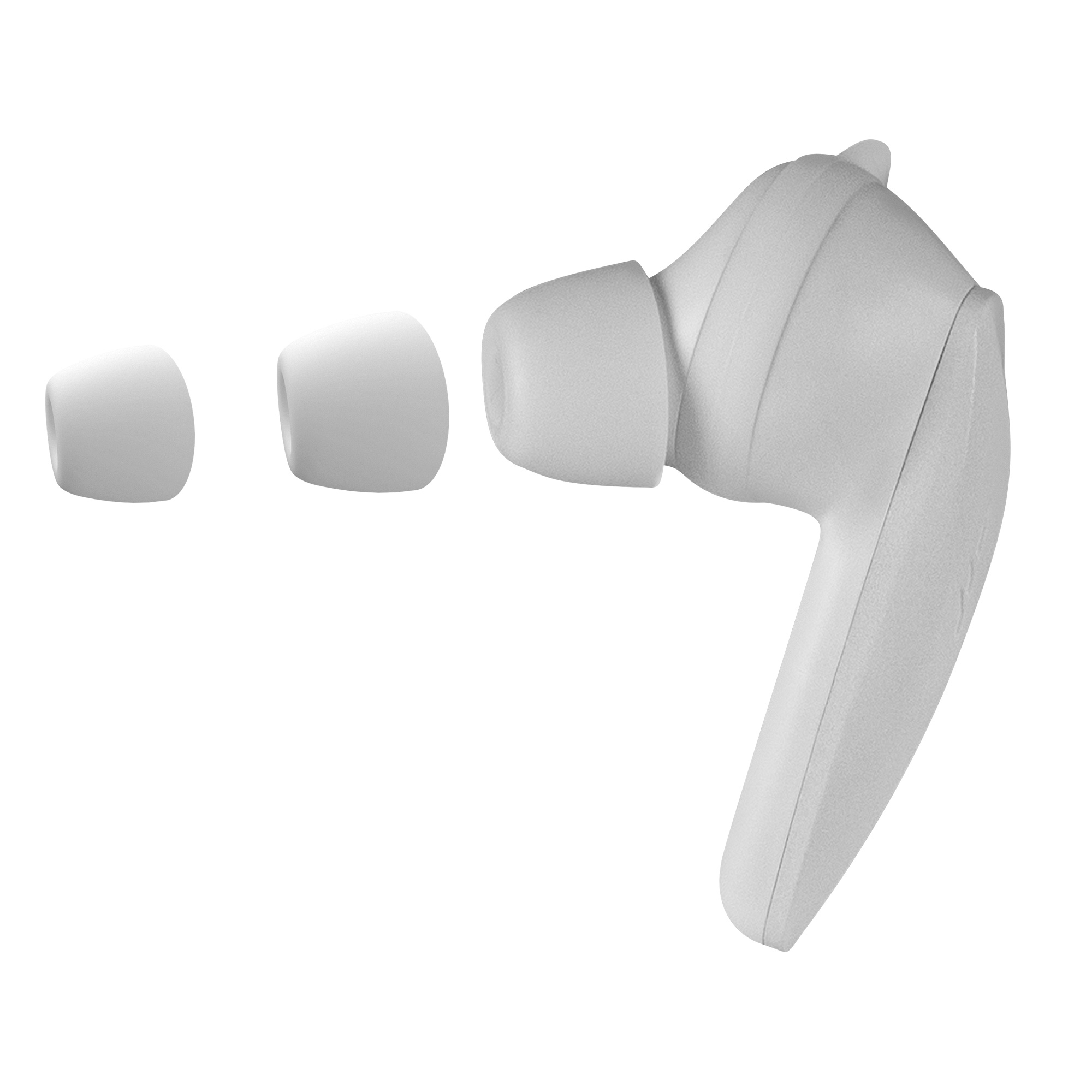 Auricular blanco con tres puntas diferentes. Uno adjunto, dos separados, todo sobre un fondo blanco.