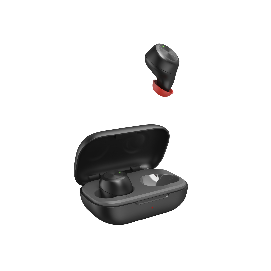 Auricolari wireless neri con custodia di ricarica. Un auricolare è mostrato separatamente con una punta rossa.