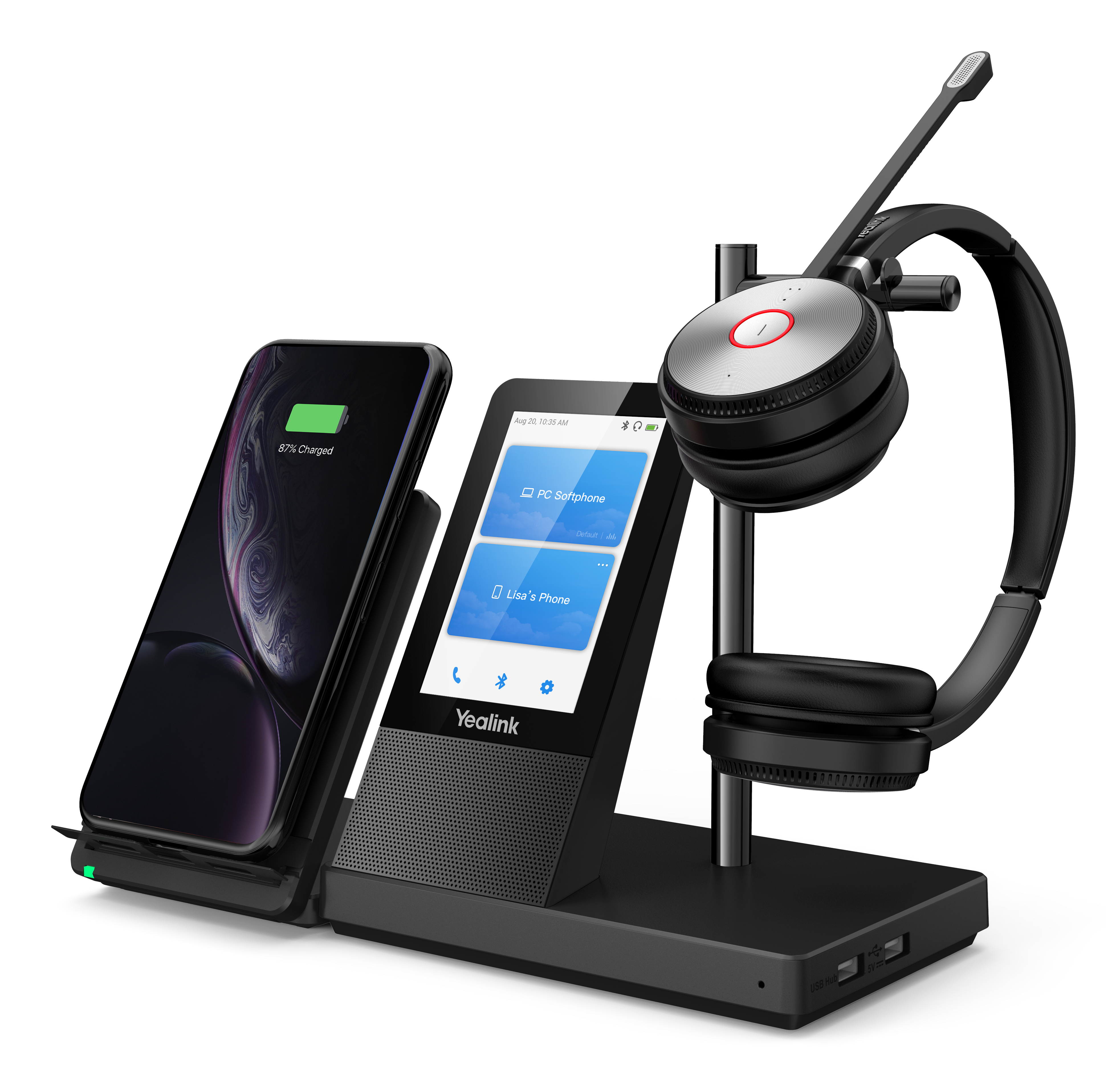 Station téléphonique de bureau noire avec un téléphone, un casque et un socle de chargement.