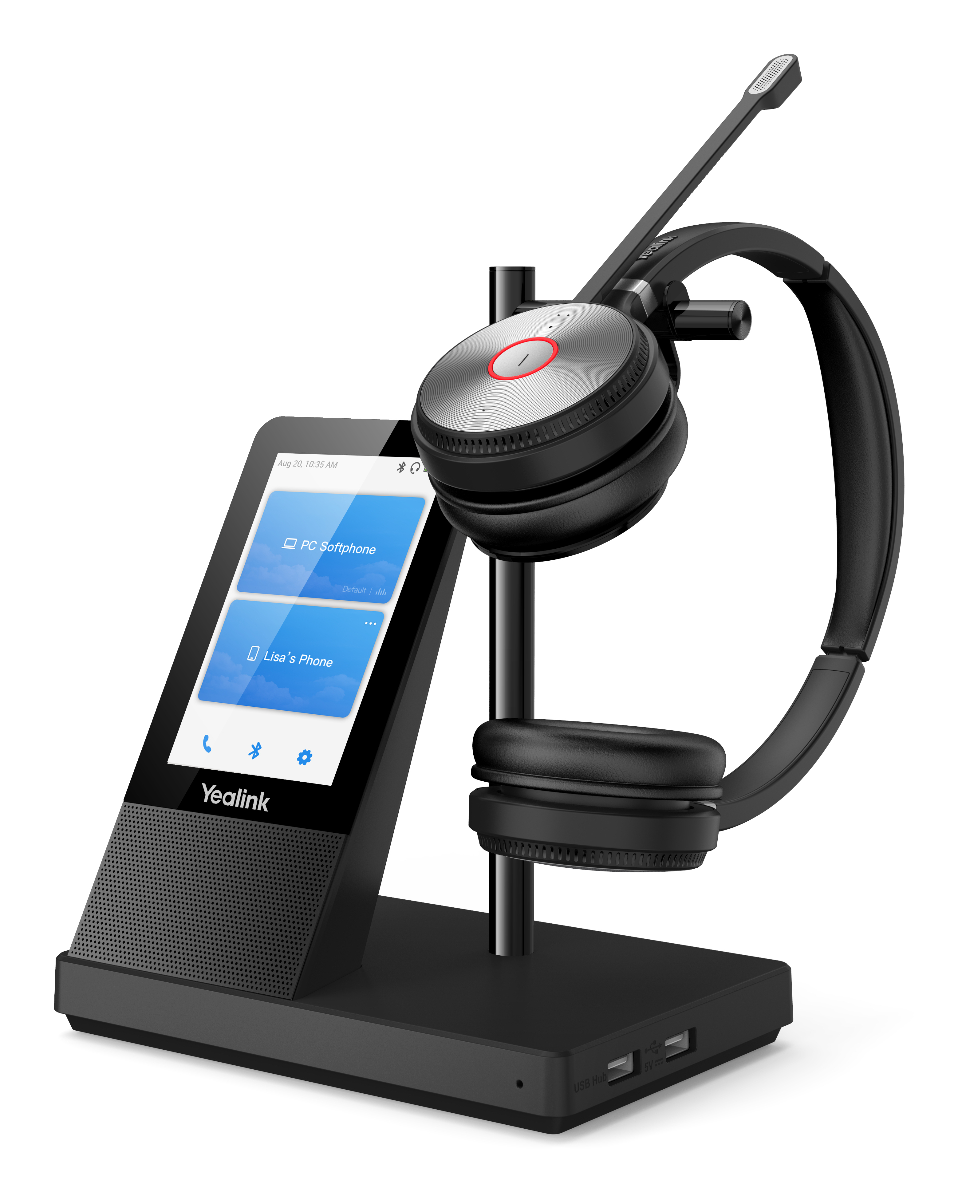 Un casque noir et une station de base. La base a un écran affichant une interface téléphonique. Il possède un microphone et un port USB.