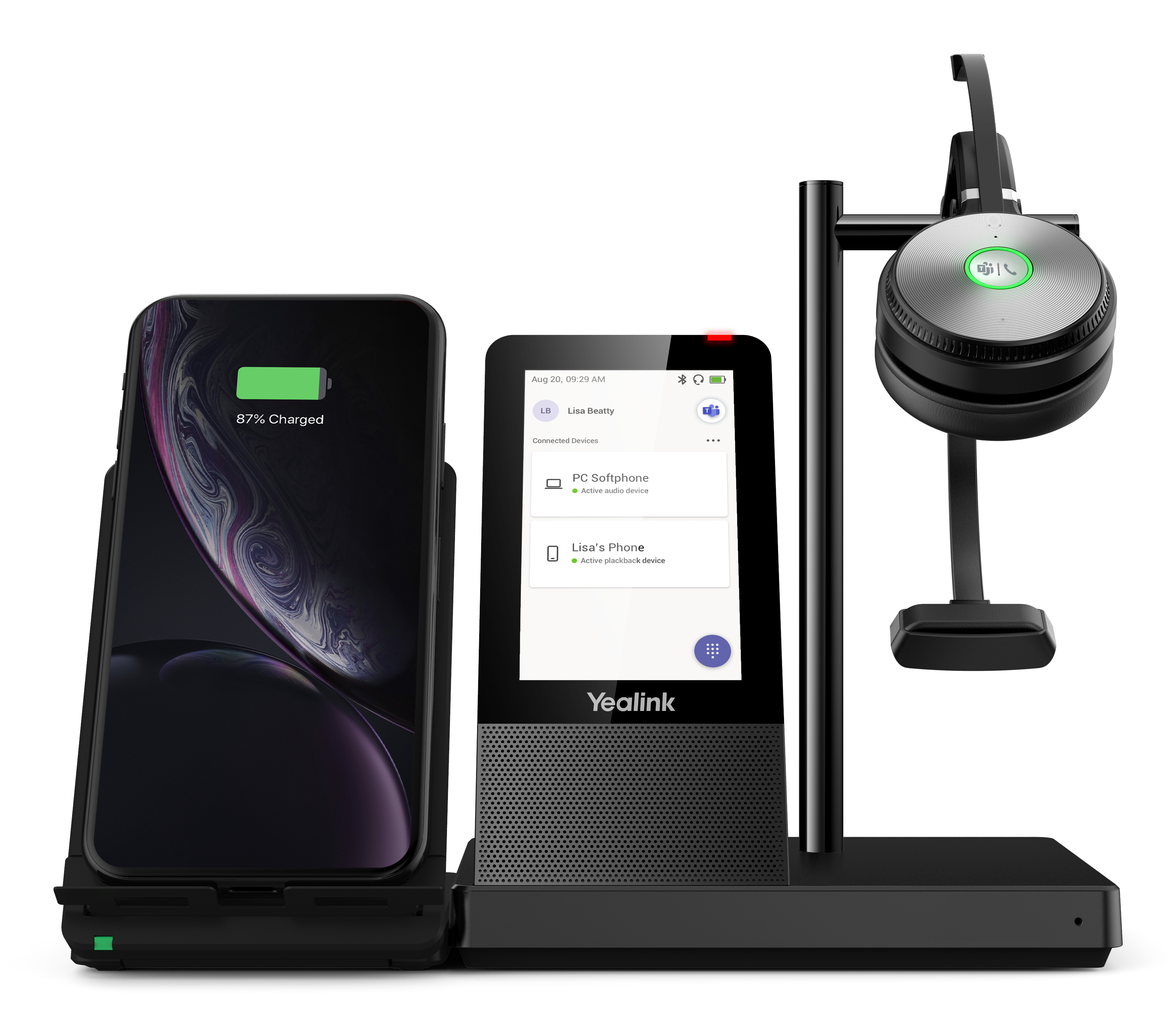 Een zwarte bureautelefoon met telefoon, oplaadpad en headset.