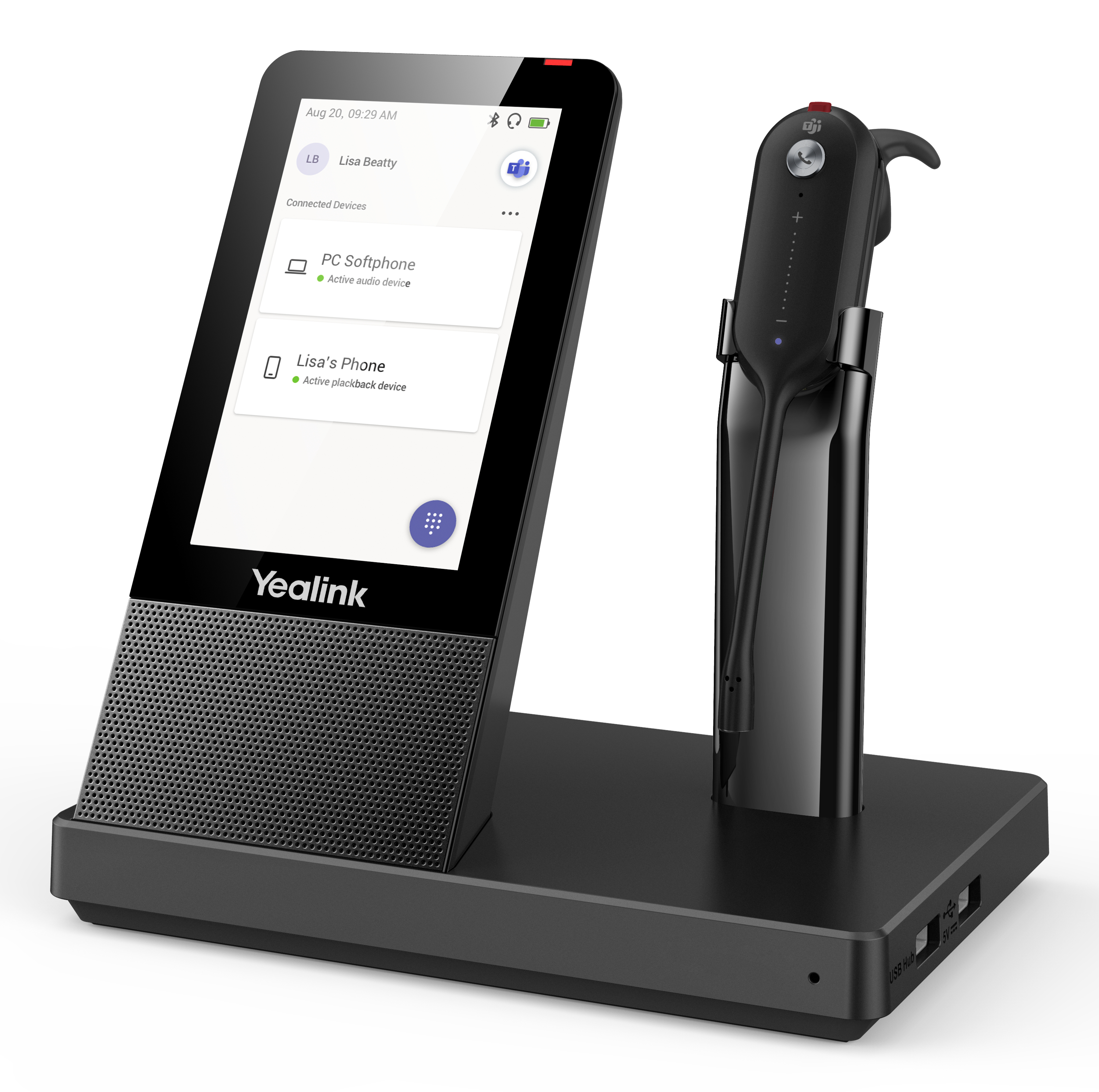 Yealink Tischtelefon mit Headset, Anzeige von Bildschirm und Headset in Ladestation.
