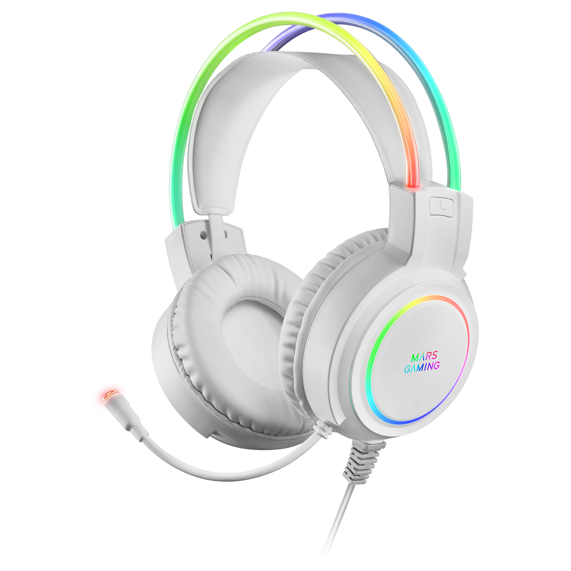 Cuffie da gaming bianche con luci RGB, un microfono e il logo Mars Gaming.