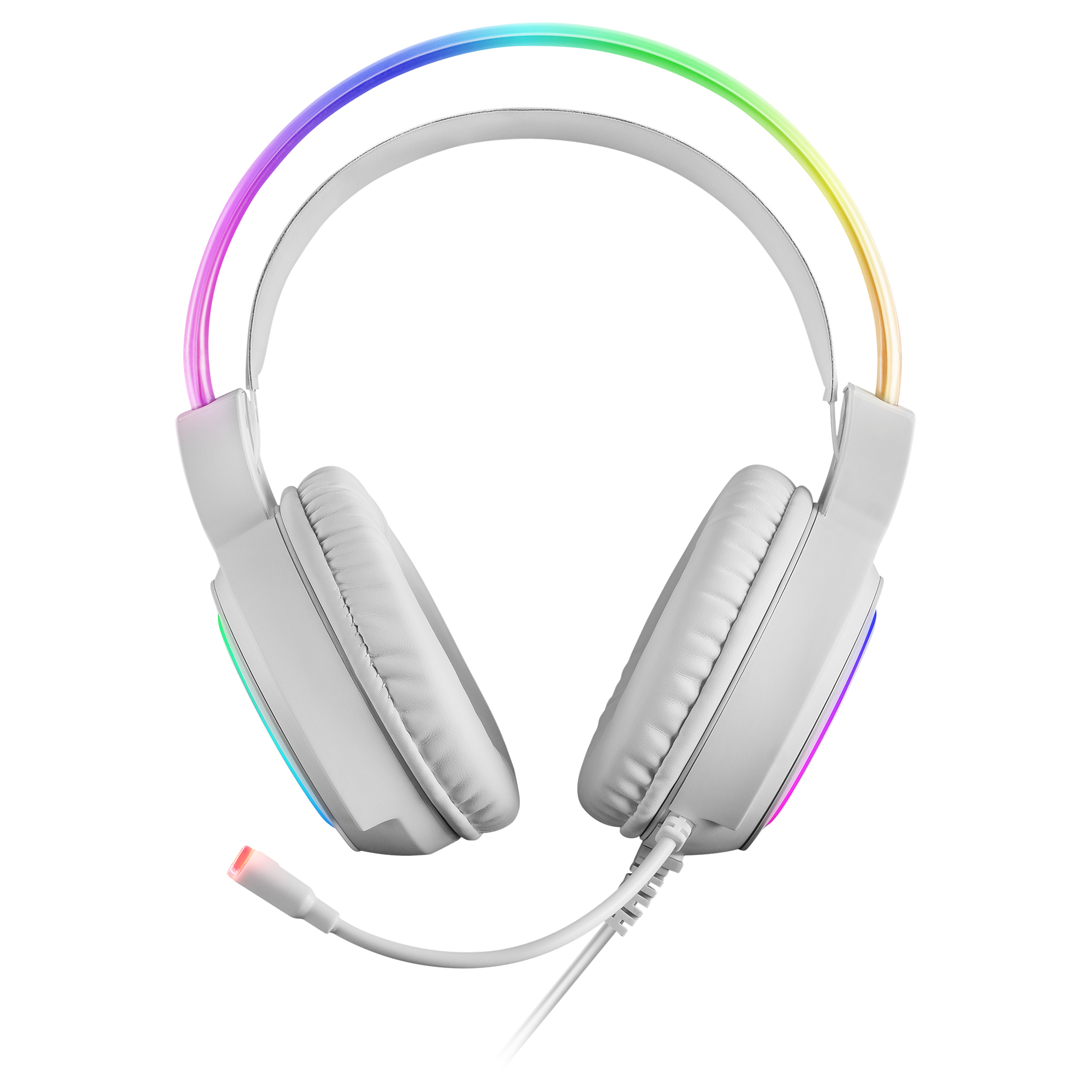 Cuffie da gioco bianche con luci RGB e microfono. Isolato su sfondo bianco.