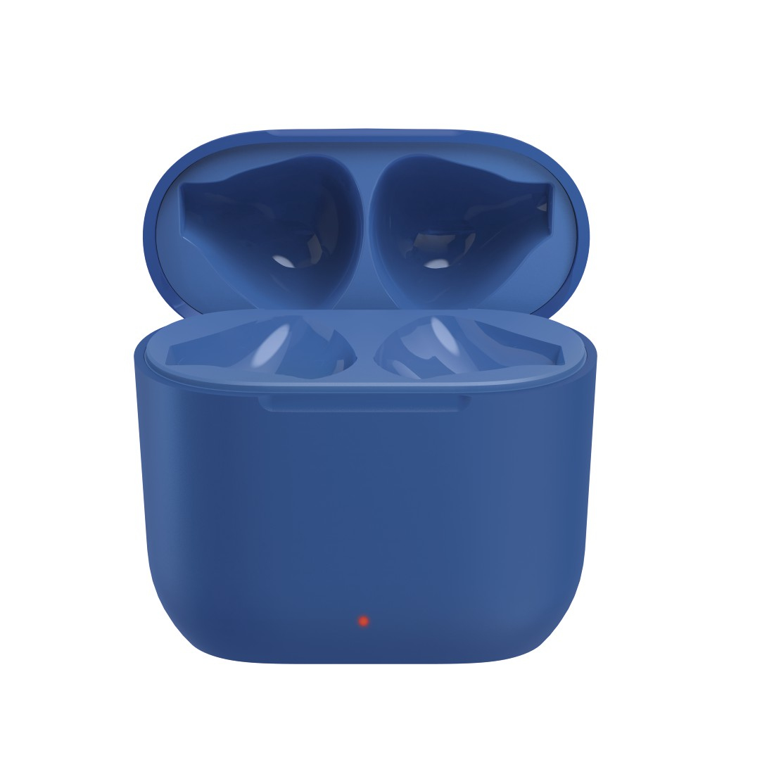 Niebieskie etui ładujące do słuchawek, otwarte, aby pokazać gniazda ładowania. Czerwone światło jest widoczne wewnątrz etui.