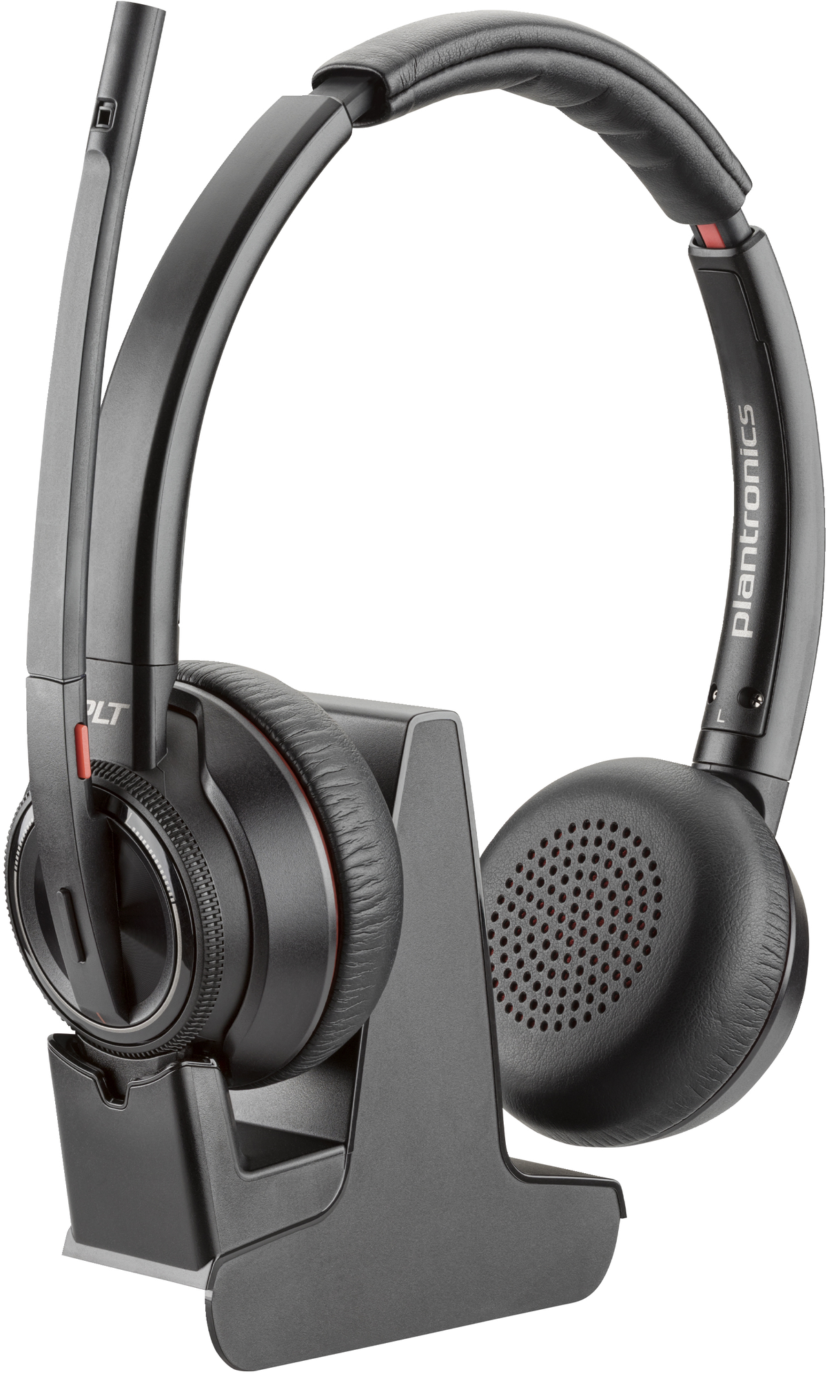 Ein schwarzes und graues Headset mit Mikrofon und Ladestation.