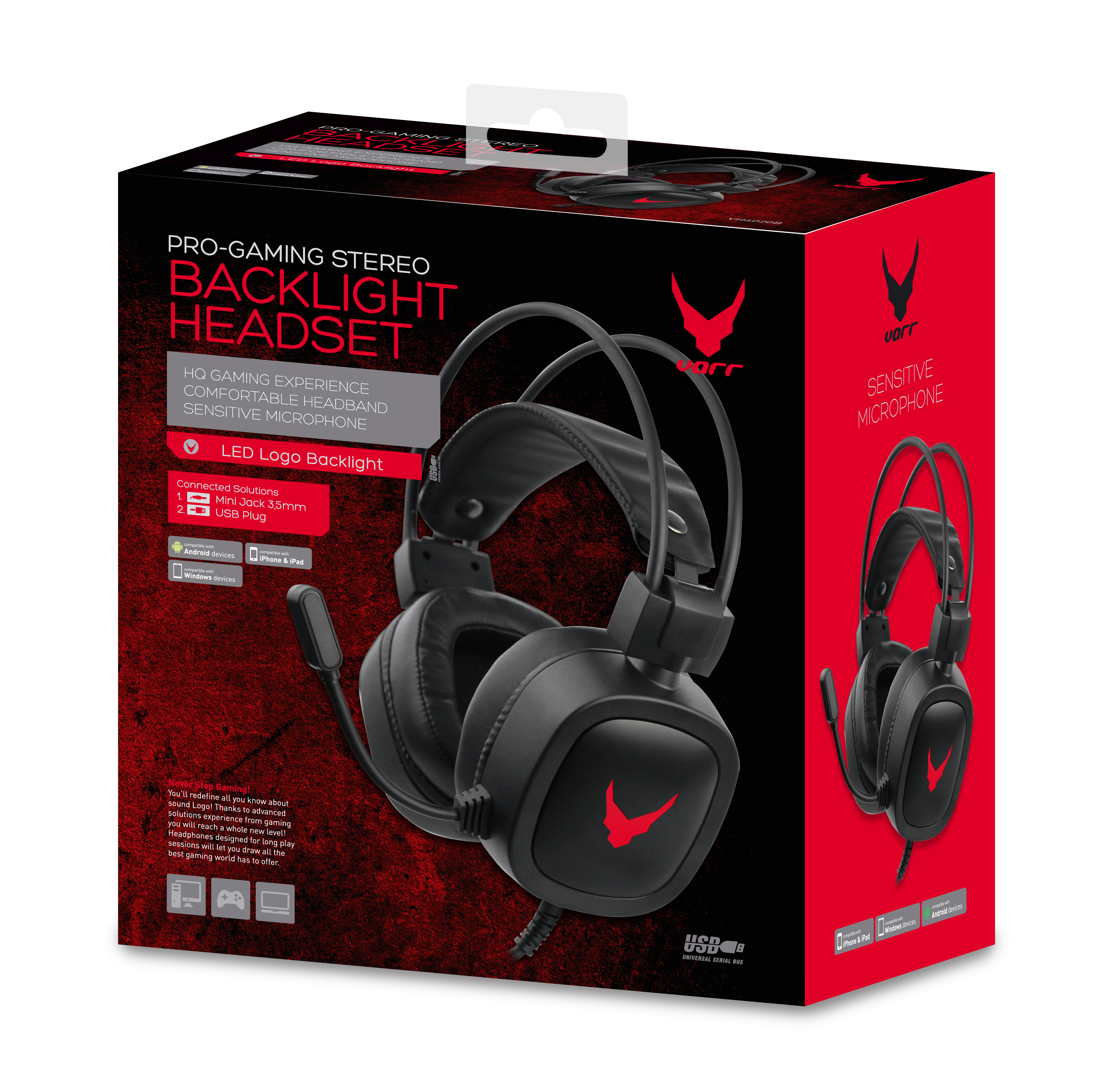 Zwarte gaming headset op een rood-zwarte doos. Headset heeft een microfoon. De doos zegt 'Backlight Headset'.
