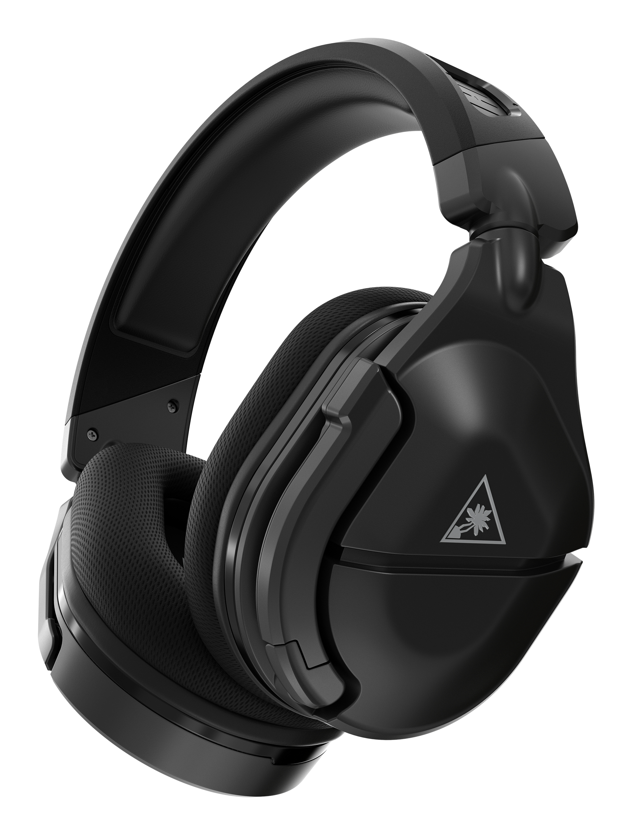 Czarne słuchawki dla graczy o eleganckim designie, widocznym logo i wygodnych nausznikach.