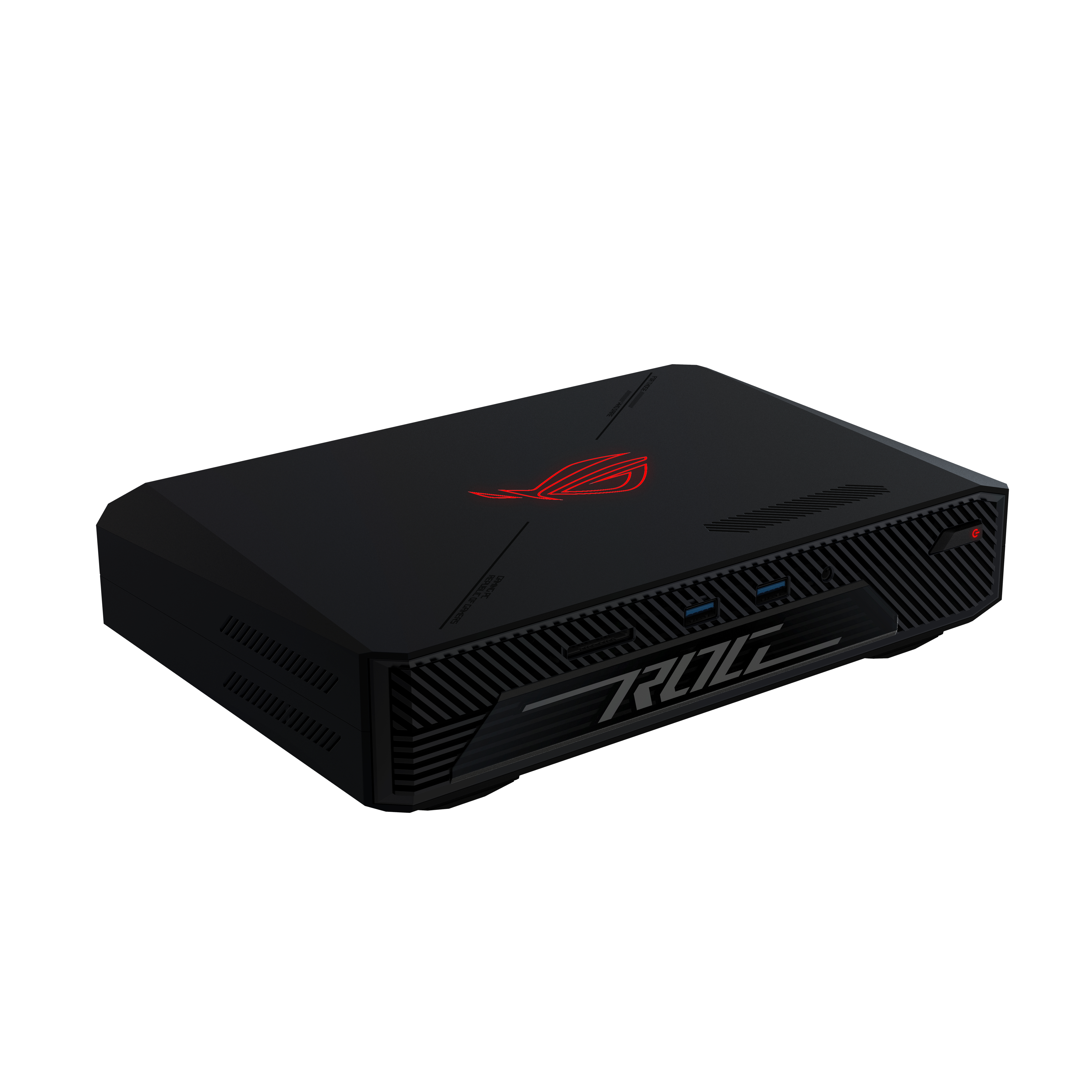 Czarny mini-PC do gier ROG z czerwonym logo ROG. Ma linie i przycisk zasilania.