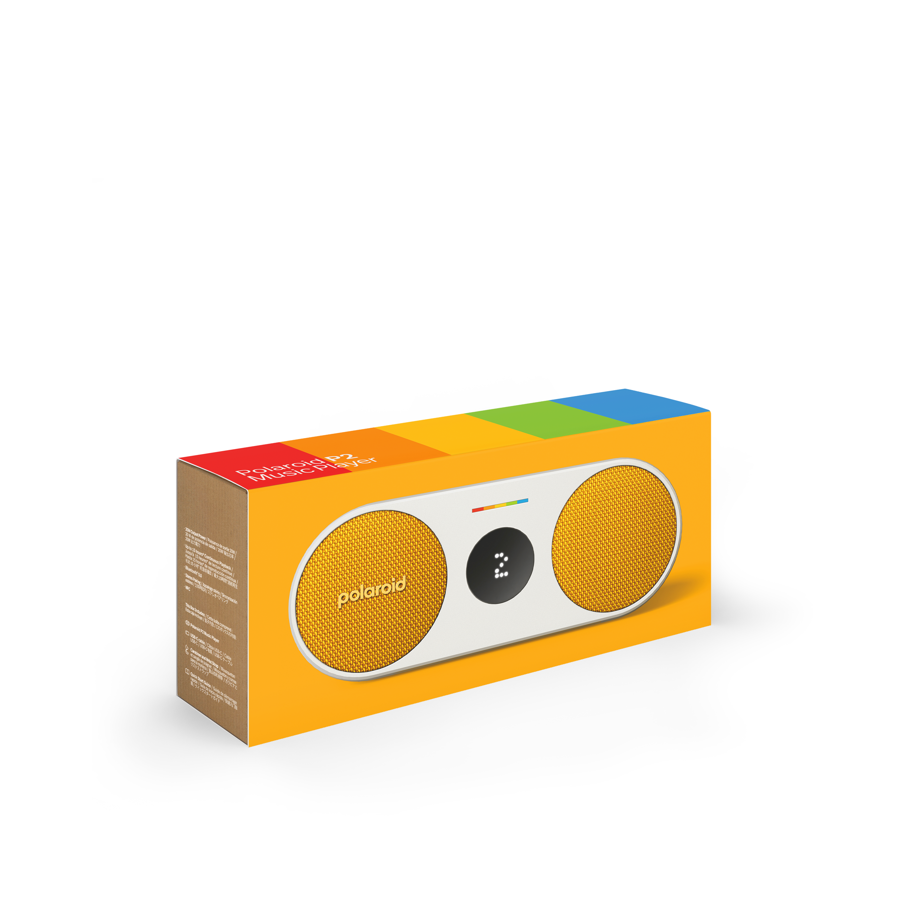 Żółty i pomarańczowy głośnik muzyczny Polaroid w pudełku, widok z boku.