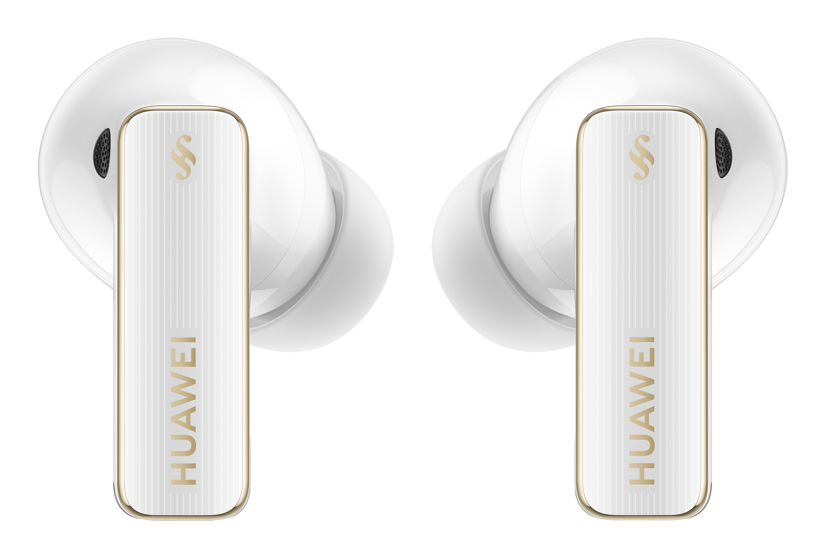 Białe słuchawki Huawei Freebuds Pro 2. Złote akcenty i logo Huawei na pałąkach.