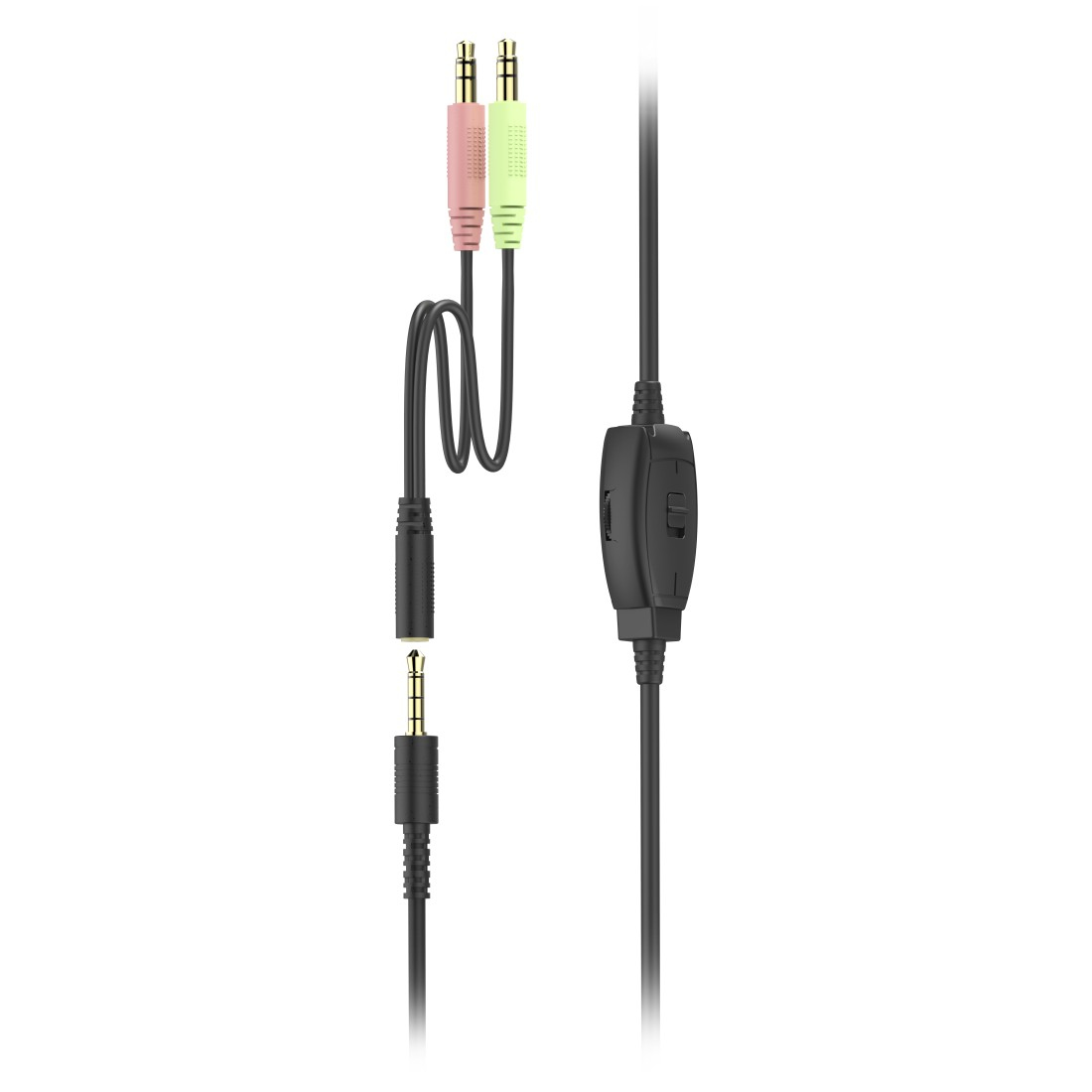 Kabel audio z regulacją głośności i złączami wejścia i wyjścia audio.