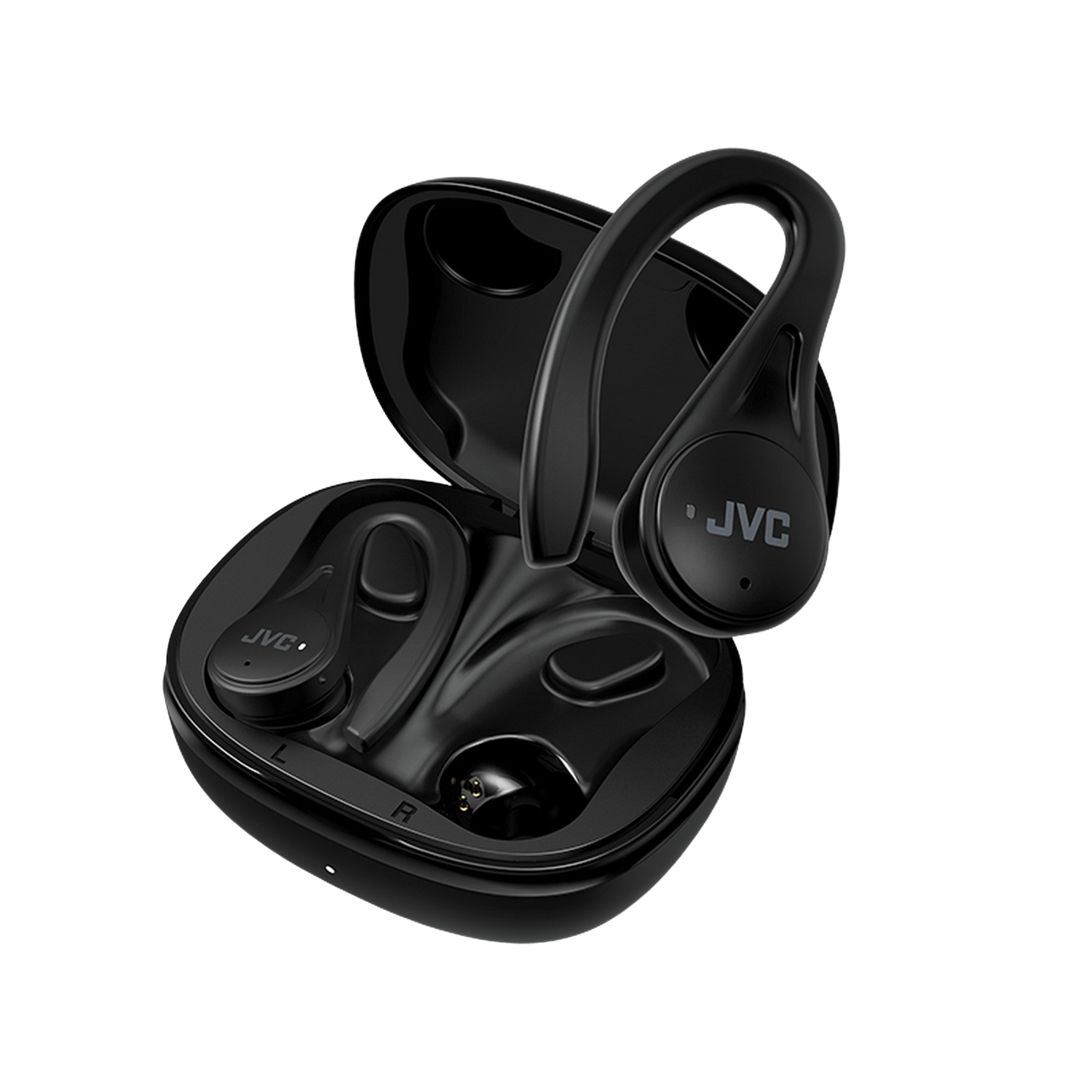 Czarne bezprzewodowe słuchawki JVC w etui ładującym. Etui otwarte, słuchawki widoczne.