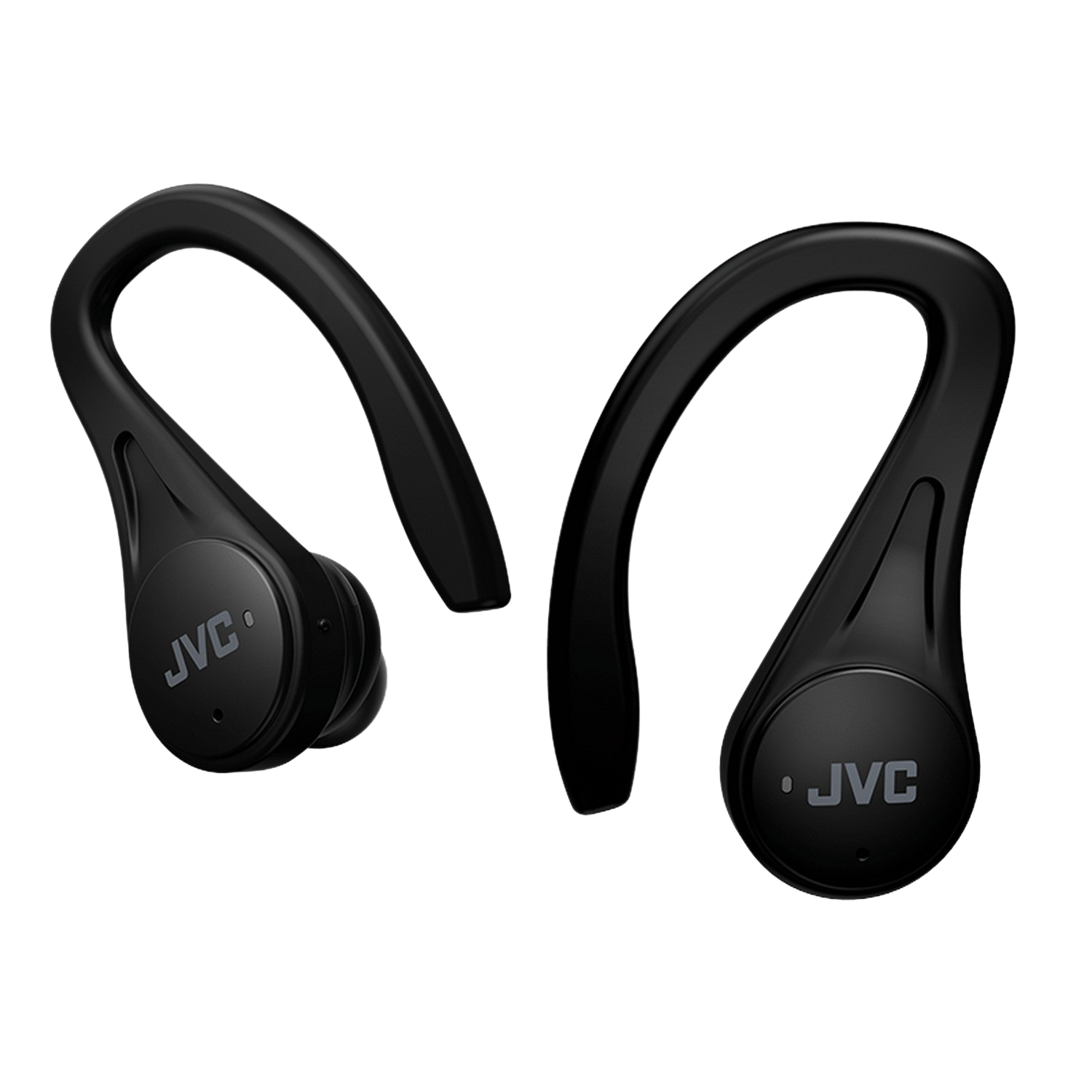 Czarne słuchawki JVC z zaczepami na uszy. Logo JVC jest widoczne na obu.