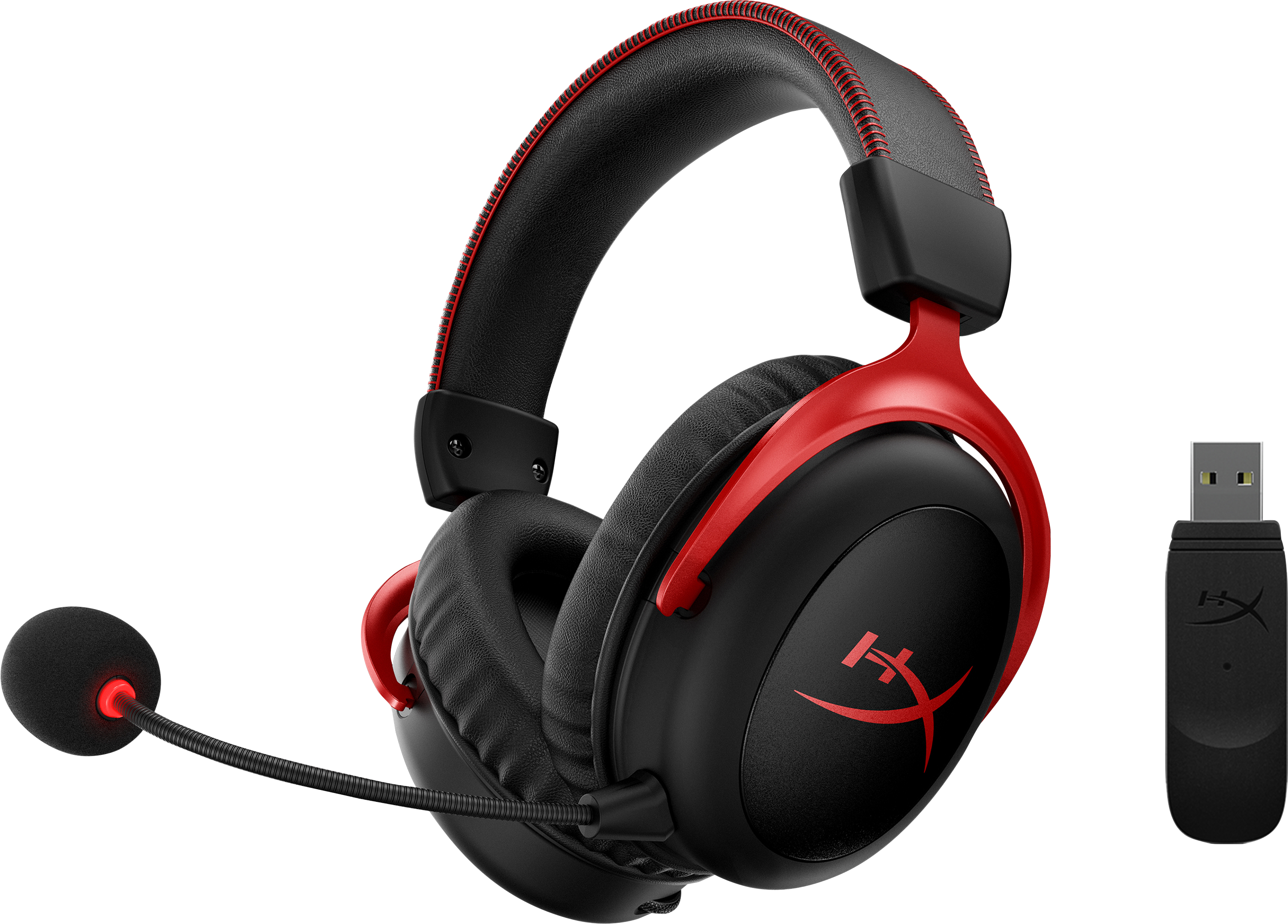 Cuffie da gioco nere e rosse con microfono. Include un ricevitore USB. Caratteristiche il logo HyperX.